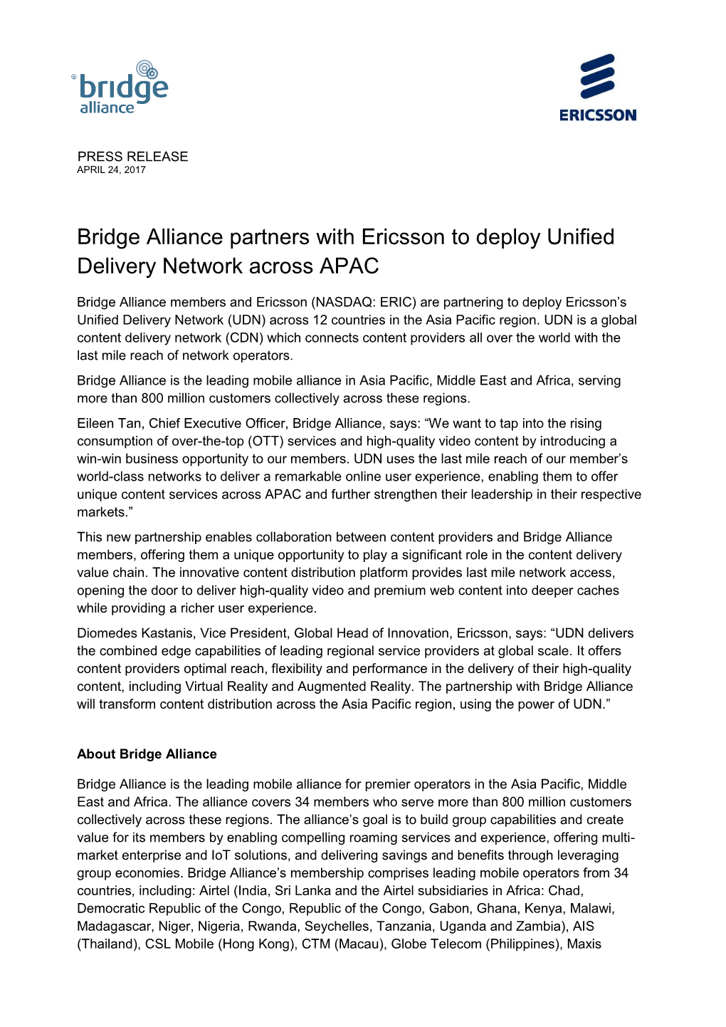 Bridge Alliance Partners with Ericsson to Deploy Unified Delivery Network Across APAC