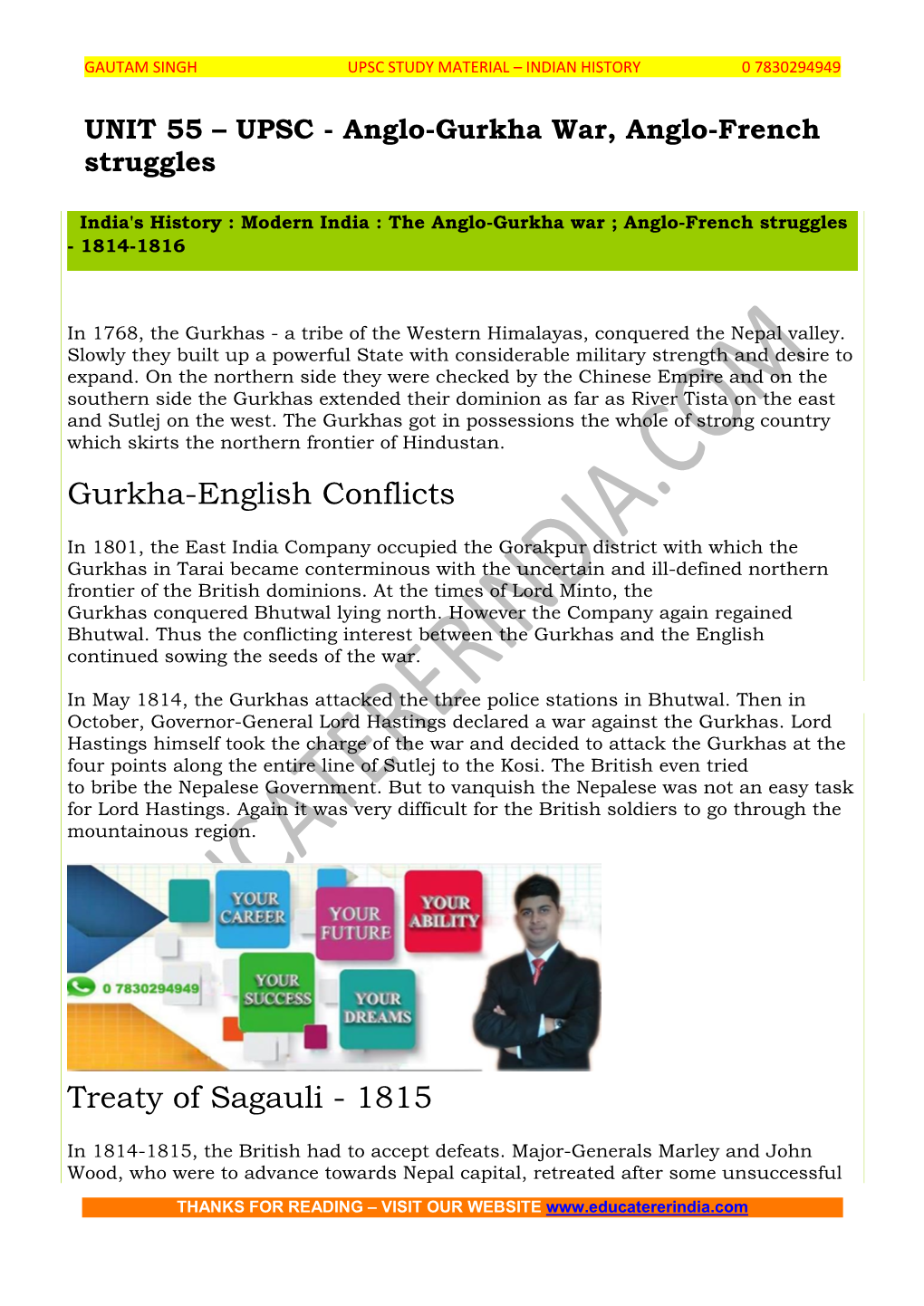 UPSC – Anglo-Gurkha War, Anglo-French Struggles