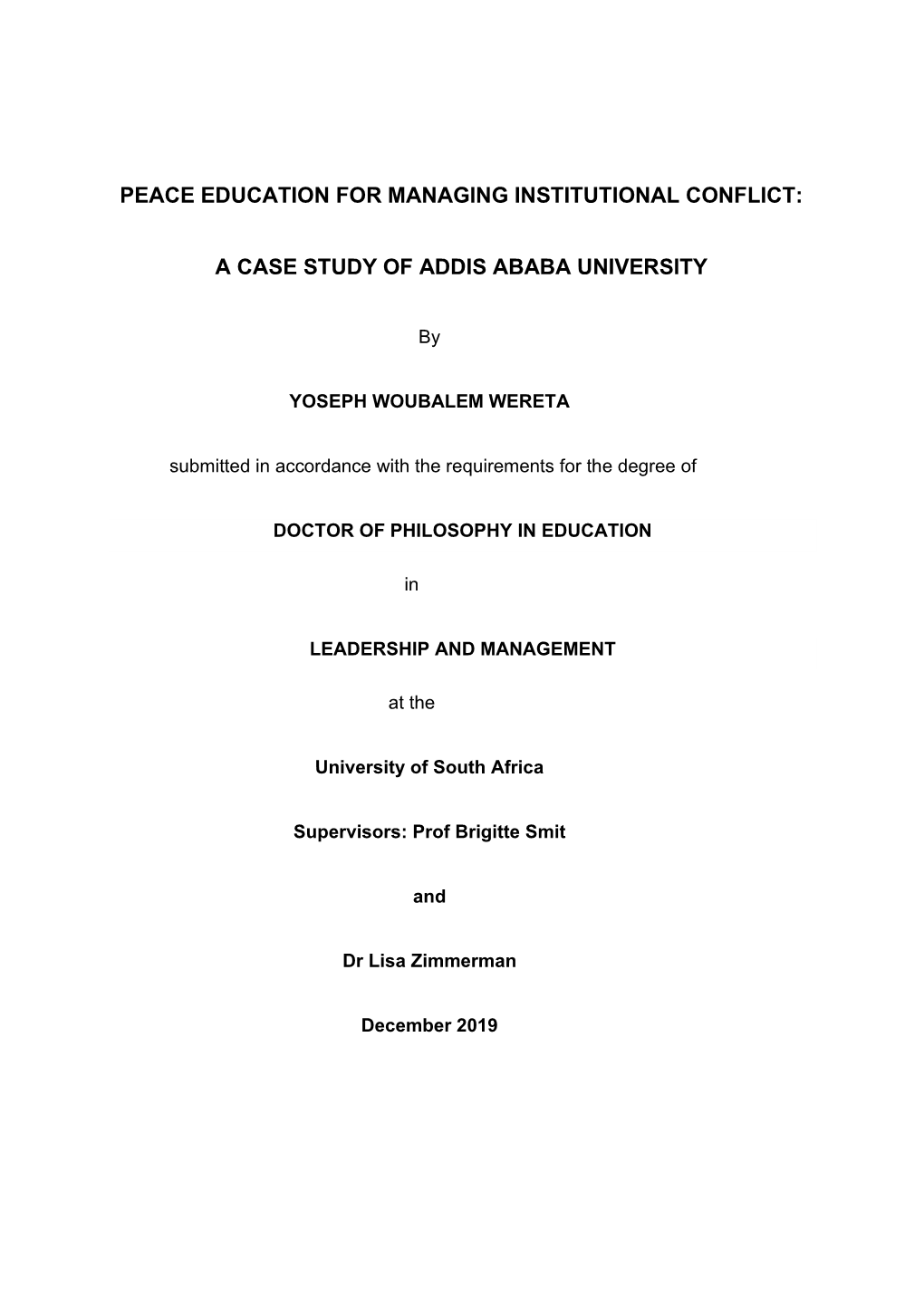 Peace Education for Managing Institutional Conflict: a Case Study of Addis Ababa University