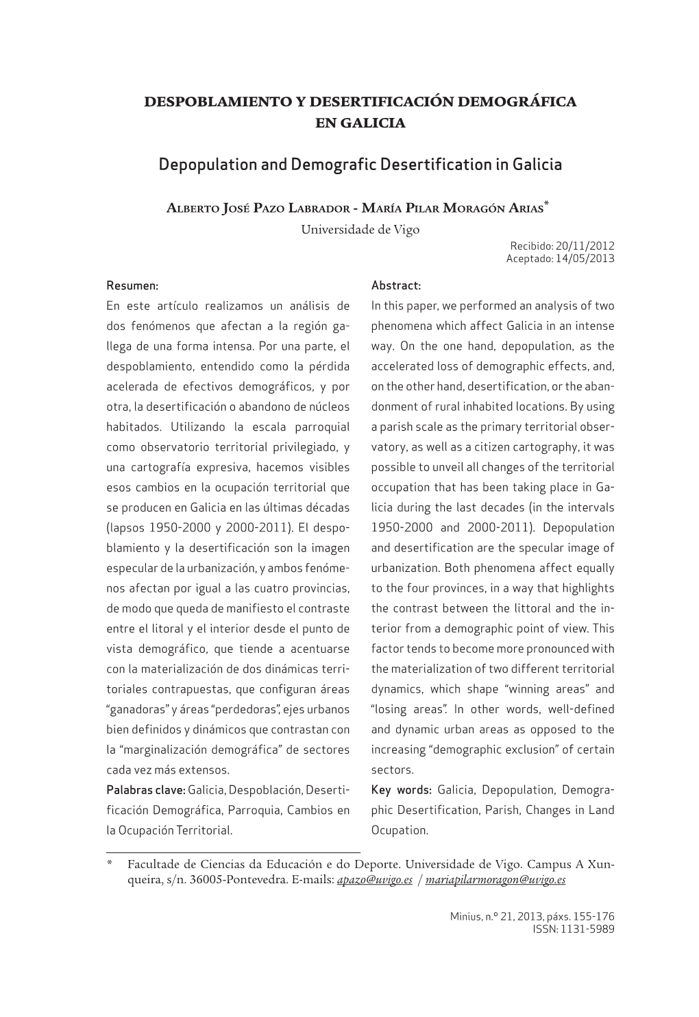 Depopulation and Demografic Desertification in Galicia