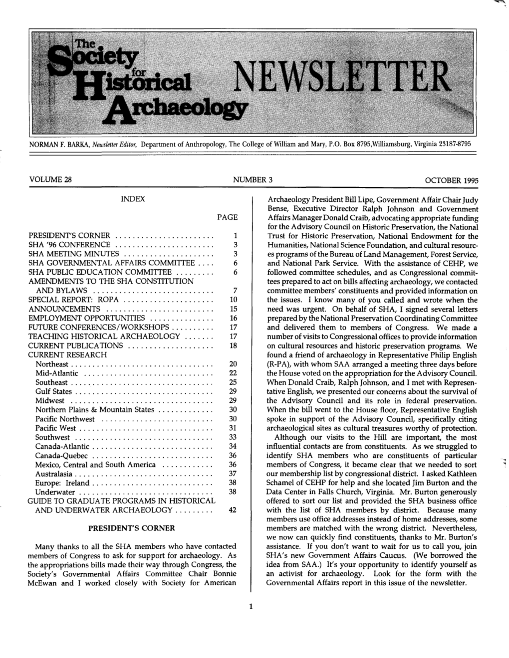 Volume 28 Number 3 October 1995 Index Page President's