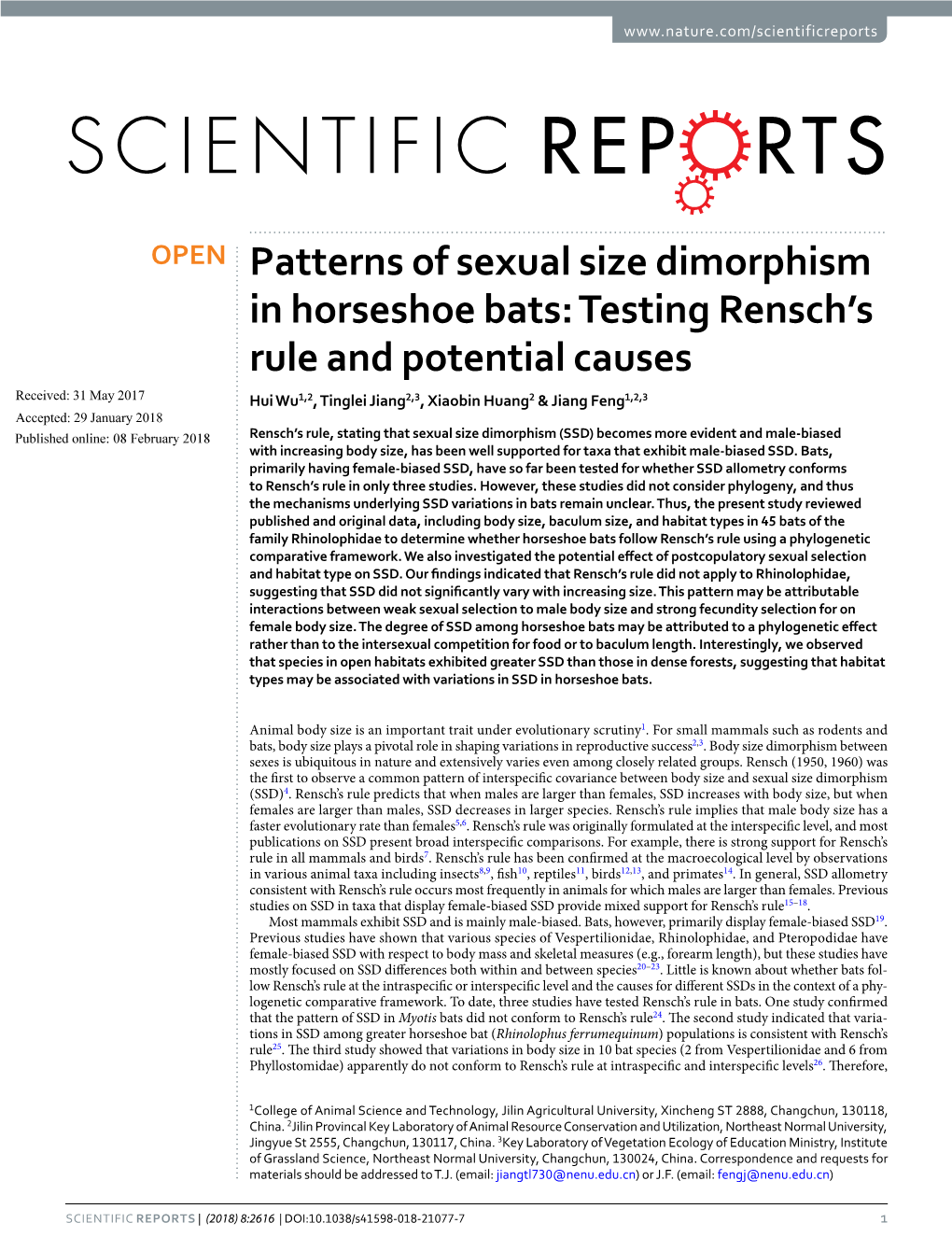 Patterns of Sexual Size Dimorphism in Horseshoe Bats: Testing Rensch's