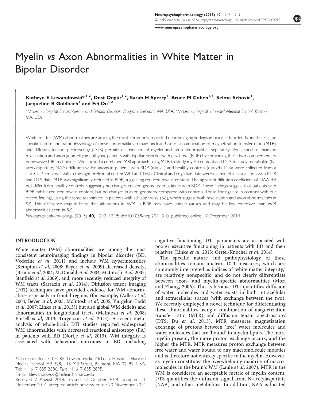 Myelin Vs Axon Abnormalities in White Matter in Bipolar Disorder