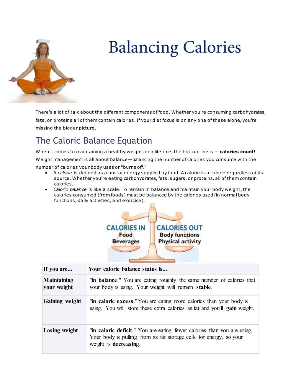 The Caloric Balance Equation