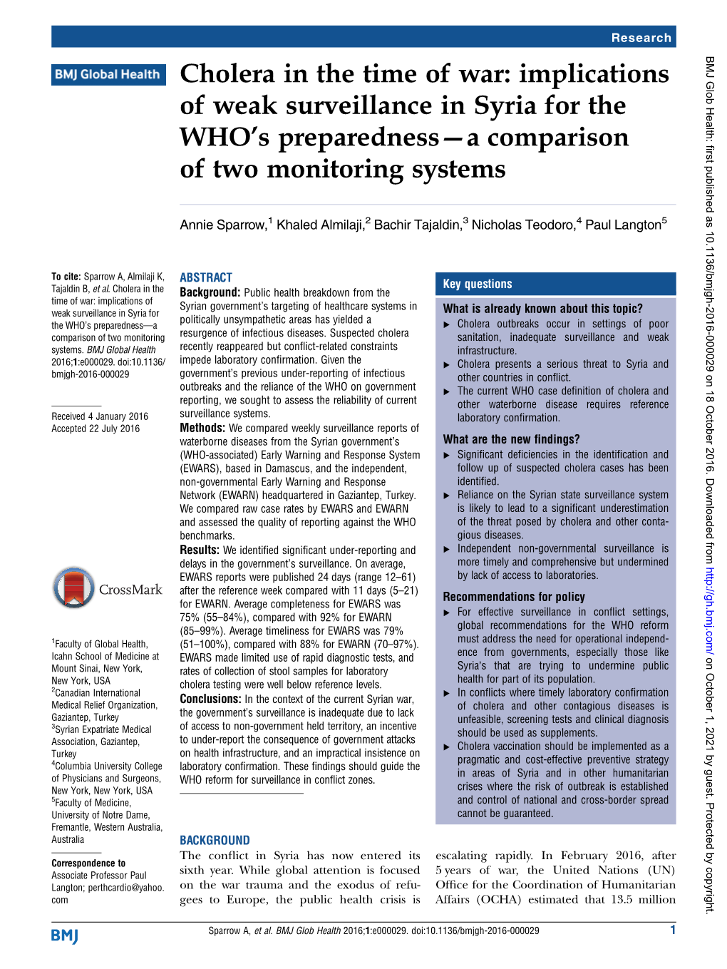 Cholera in the Time of War: Implications of Weak Surveillance in Syria for the WHO’S Preparedness—A Comparison of Two Monitoring Systems