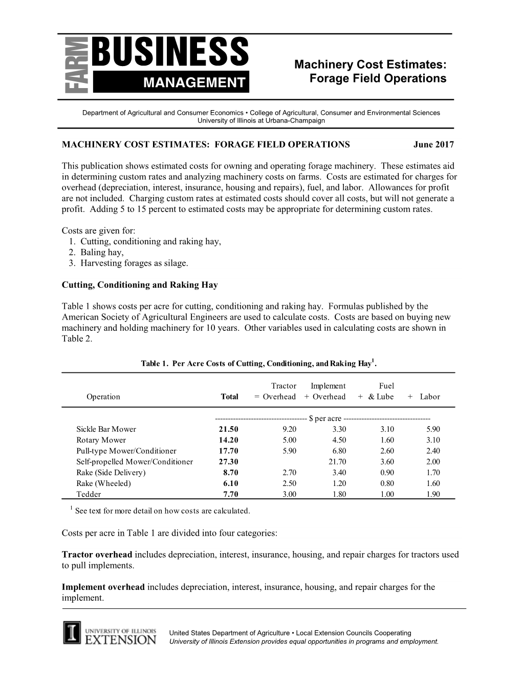 Machinery Cost Estimates: Forage Field Operations