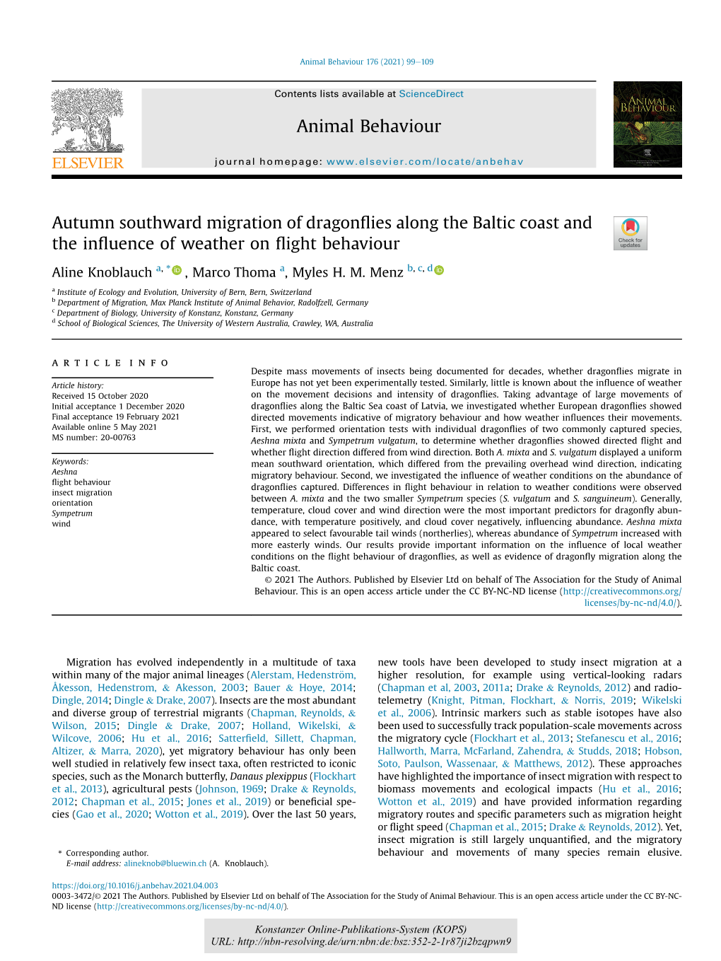 Autumn Southward Migration of Dragonflies Along the Baltic Coast and the Influence of Weather on Flight Behaviour