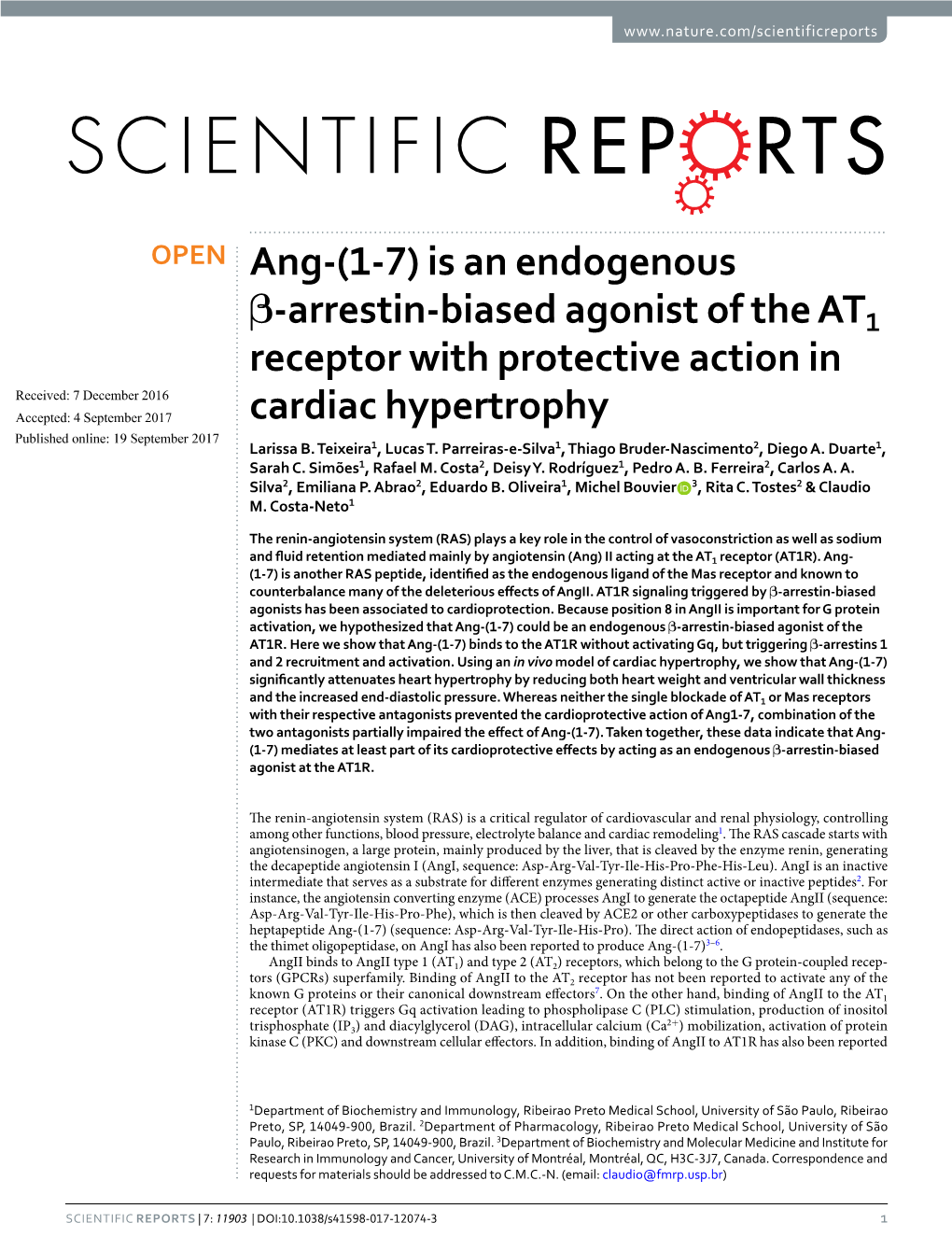 Is an Endogenous Β-Arrestin-Biased Agonist of the AT1 Receptor