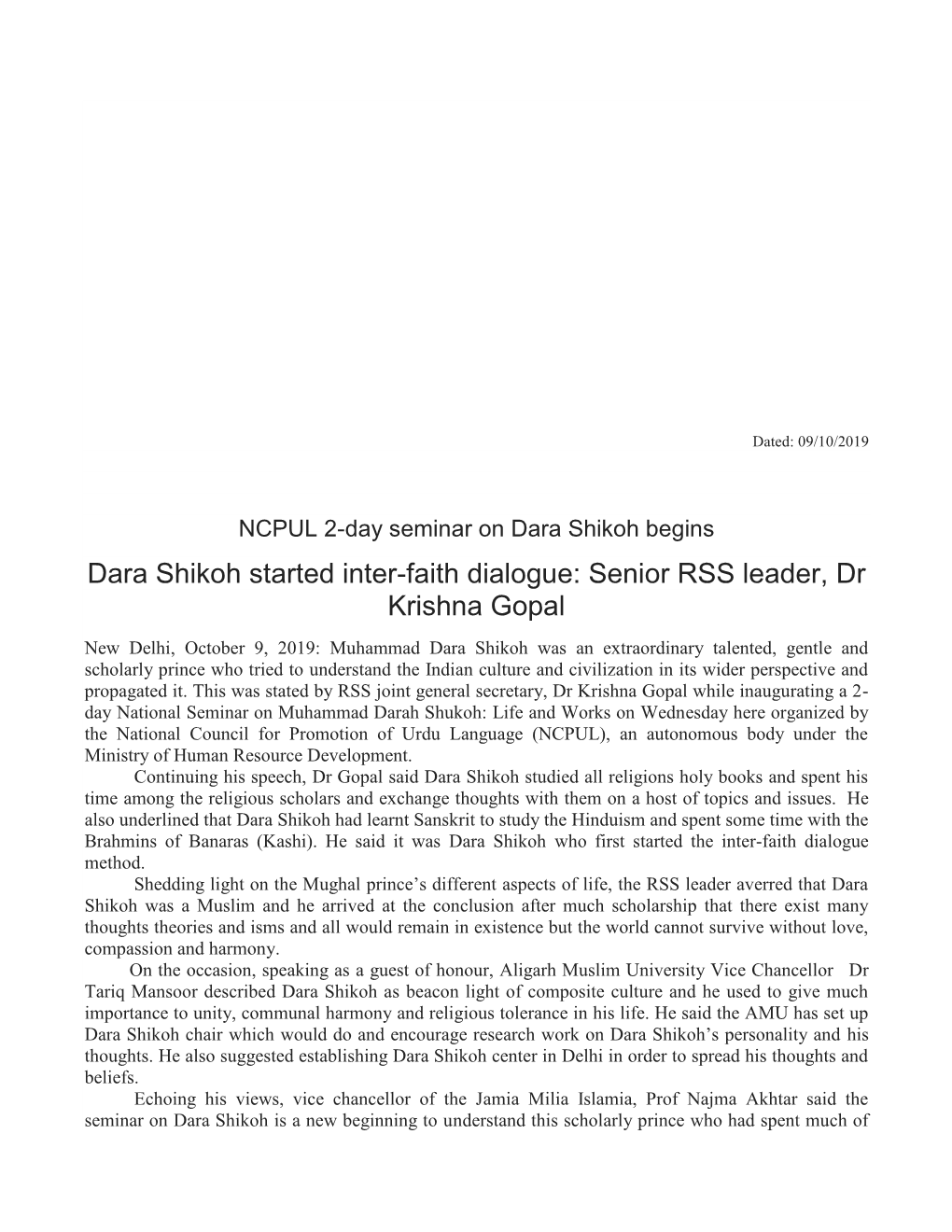 Dara Shikoh Started Inter-Faith Dialogue: Senior RSS Leader, Dr F