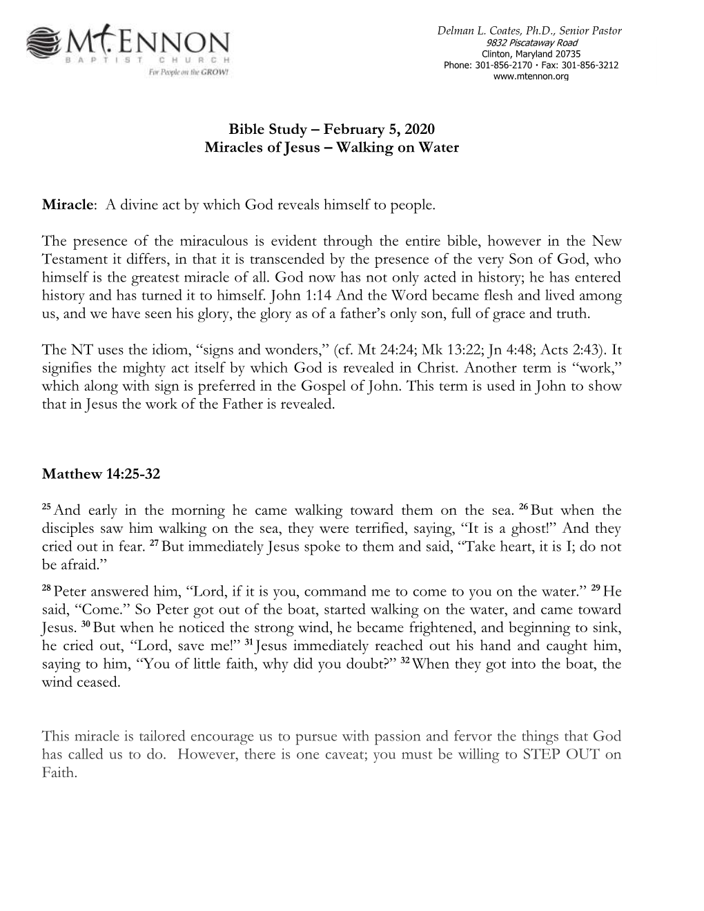 Bible Study – February 5, 2020 Miracles of Jesus – Walking on Water