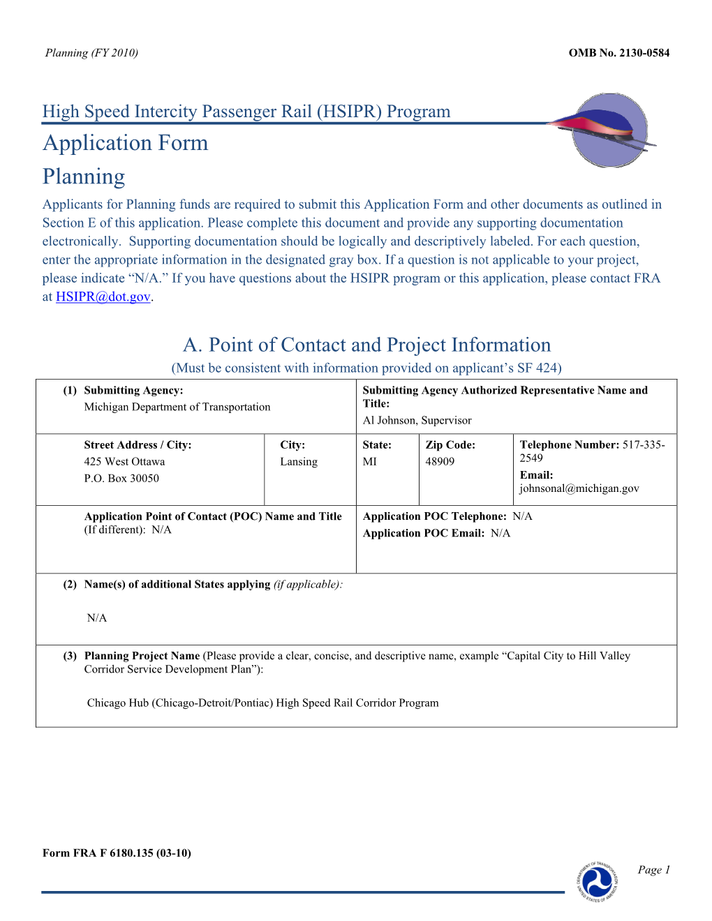 Application Form Planning Applicants for Planning Funds Are Required to Submit This Application Form and Other Documents As Outlined in Section E of This Application