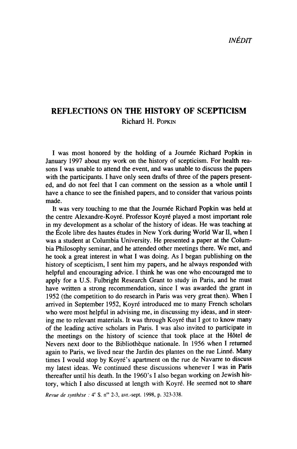 REFLECTIONS on the HISTORY of SCEPTICISM Richard H