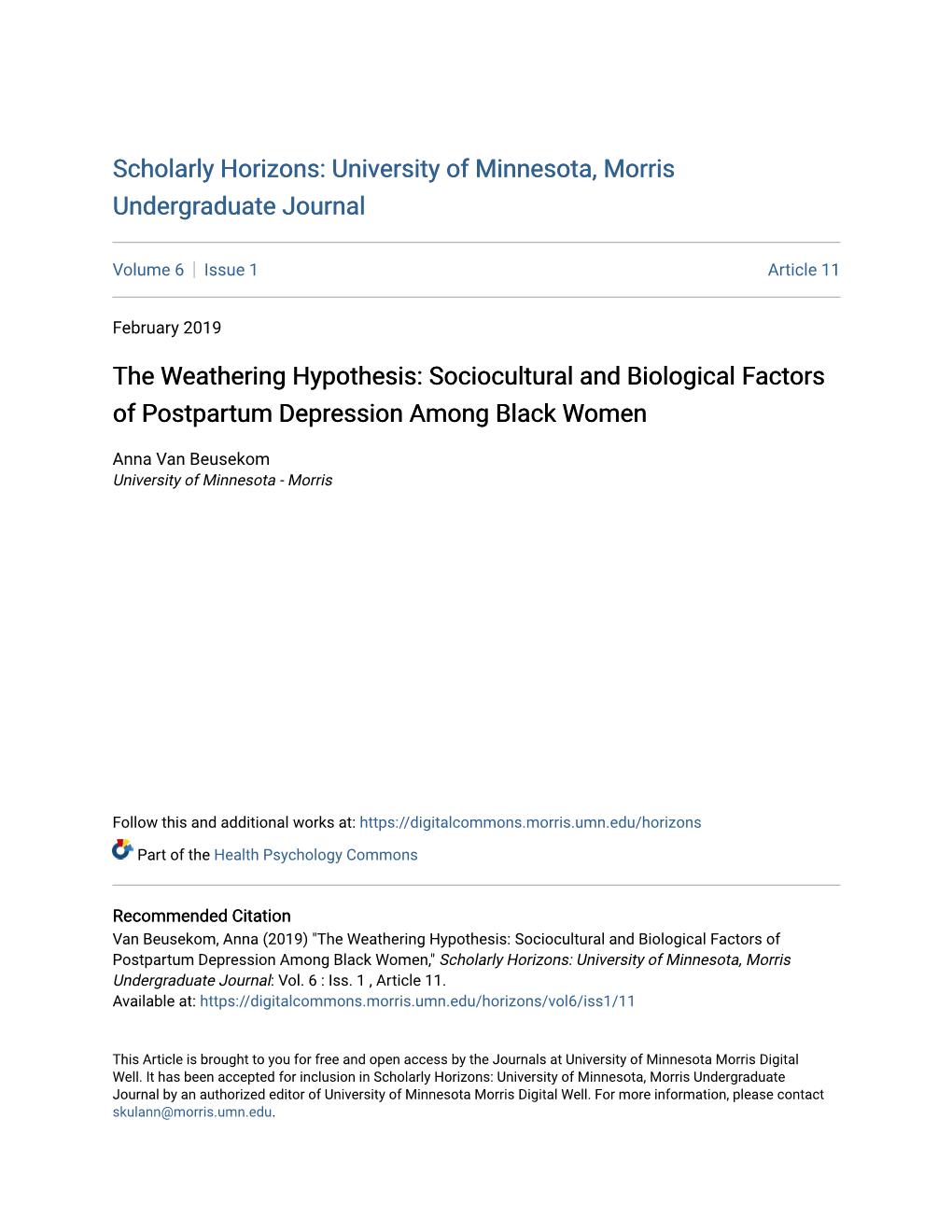 The Weathering Hypothesis: Sociocultural and Biological Factors of Postpartum Depression Among Black Women