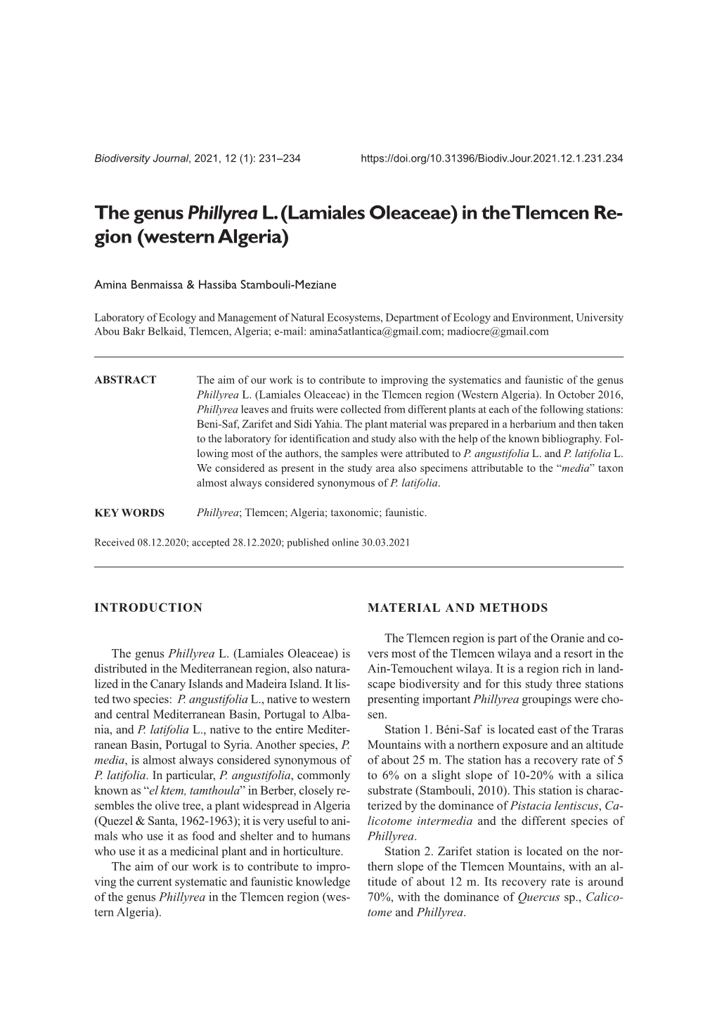 The Genus Phillyrea L. (Lamiales Oleaceae) in the Tlemcen Re- Gion (Western Algeria)