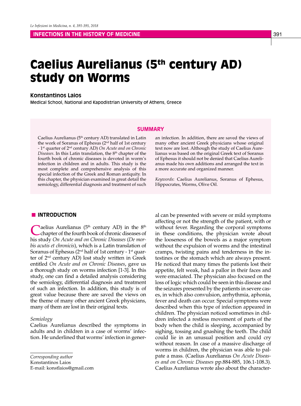 Caelius Aurelianus (5Th Century AD) Study on Worms