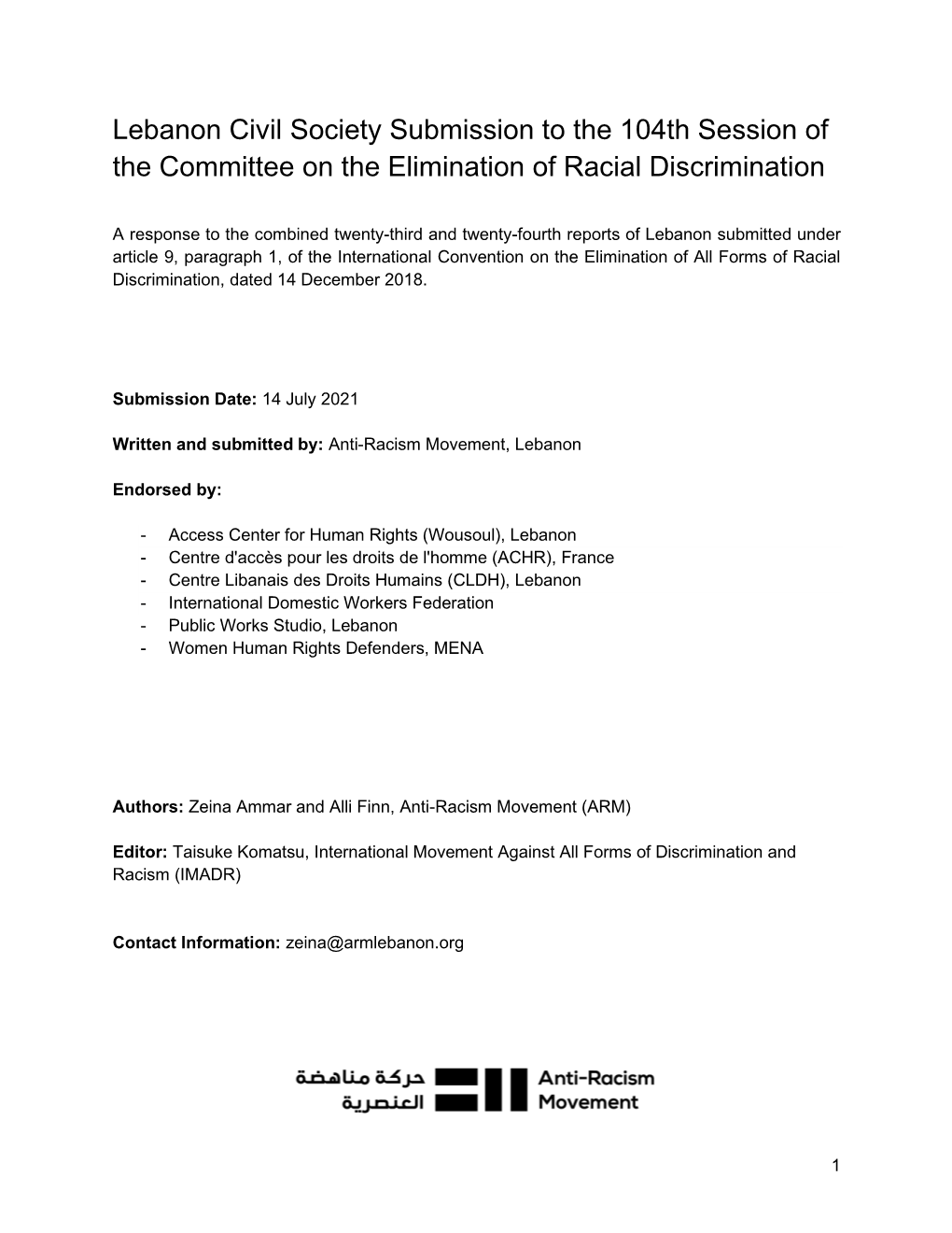 Lebanon Civil Society Submission to the 104Th Session of the Committee on the Elimination of Racial Discrimination