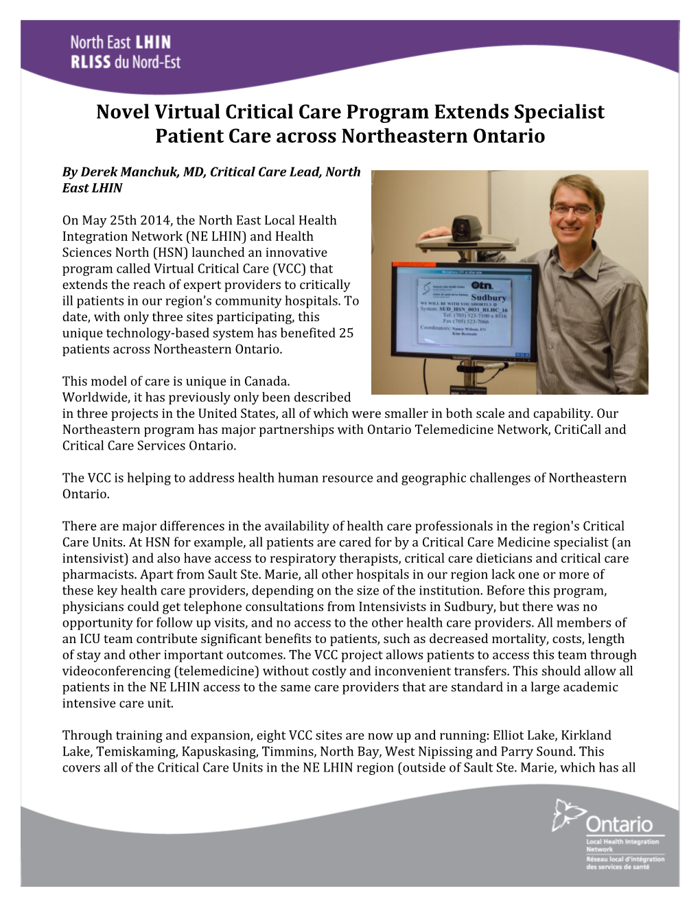 Novel Virtual Critical Care Program Extends Specialist Patient Care Across Northeastern Ontario