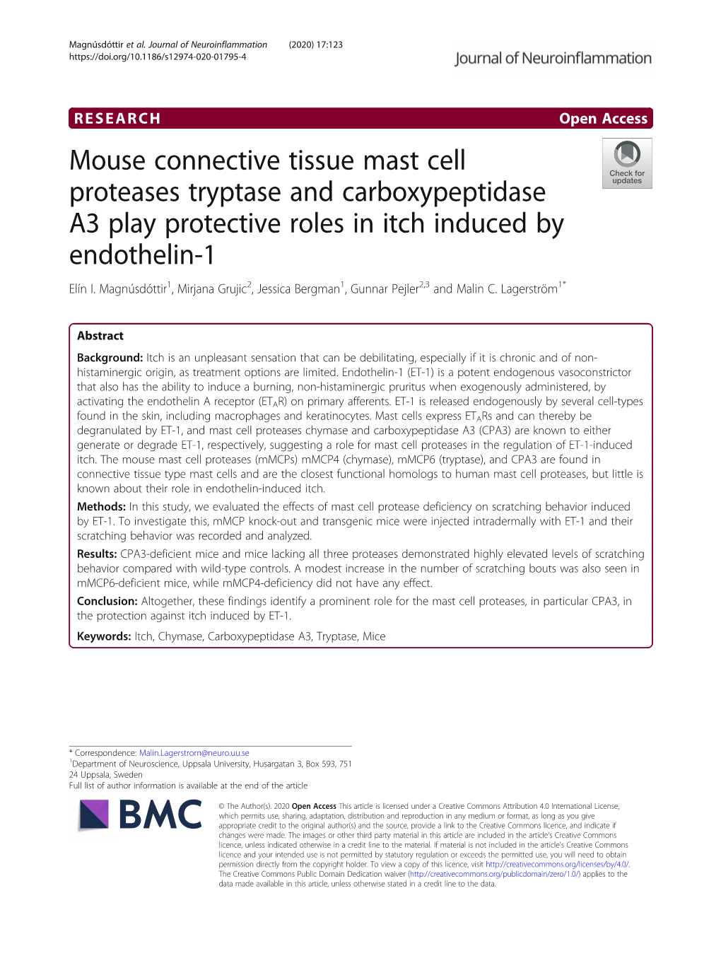 Mouse Connective Tissue Mast Cell Proteases Tryptase and Carboxypeptidase A3 Play Protective Roles in Itch Induced by Endothelin-1 Elín I