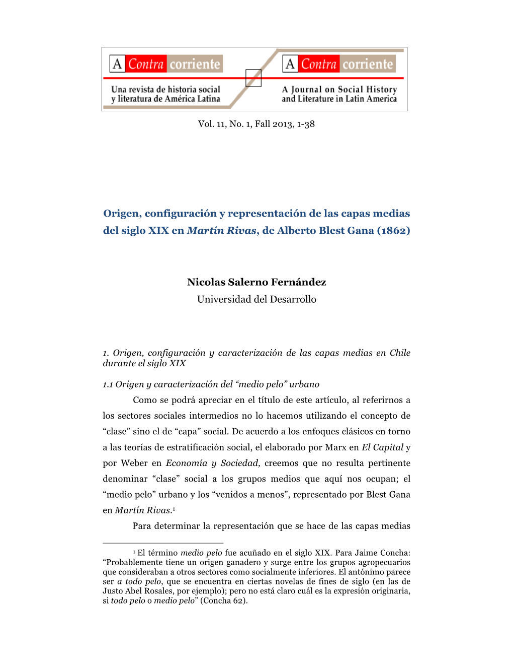 Origen, Configuración Y Representación De Las Capas Medias Del Siglo XIX En Martín Rivas, De Alberto Blest Gana (1862)