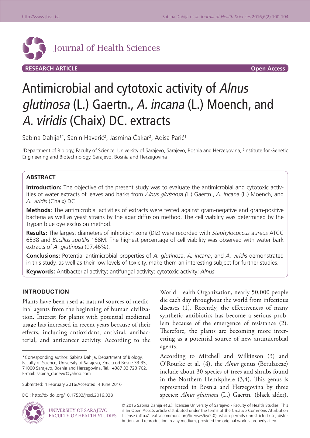 Antimicrobial and Cytotoxic Activity of Alnus Glutinosa (L.) Gaertn., A