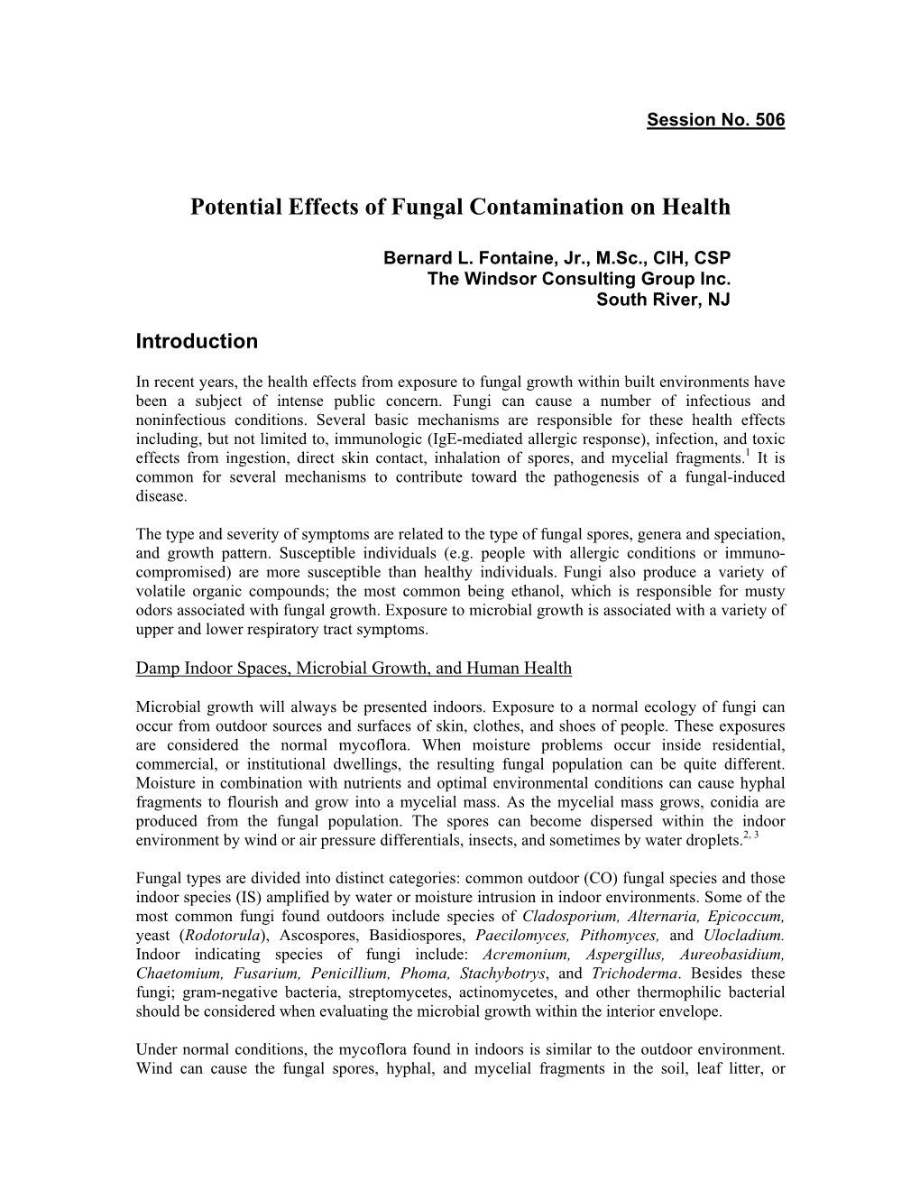 Potential Effects of Fungal Contamination on Health