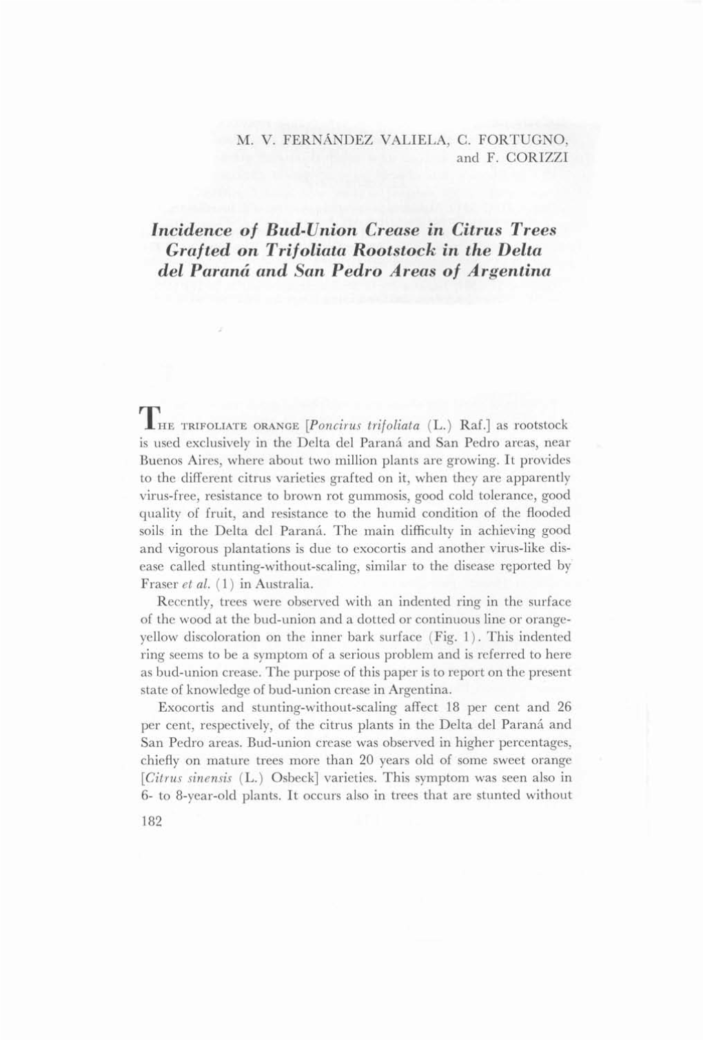 Incidence of Bud-Union Crease in Citrus Trees Grafted on Trifoliata Rootstock in the Delta Del Paranti and §An Pedro Areas of Argentina