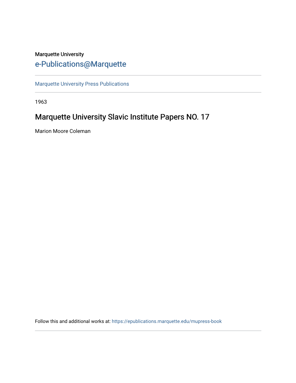 Marquette University Slavic Institute Papers NO. 17