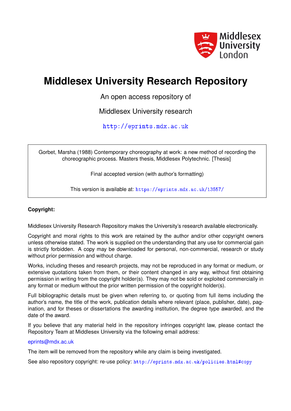 Middlesex University Research Repository an Open Access Repository Of