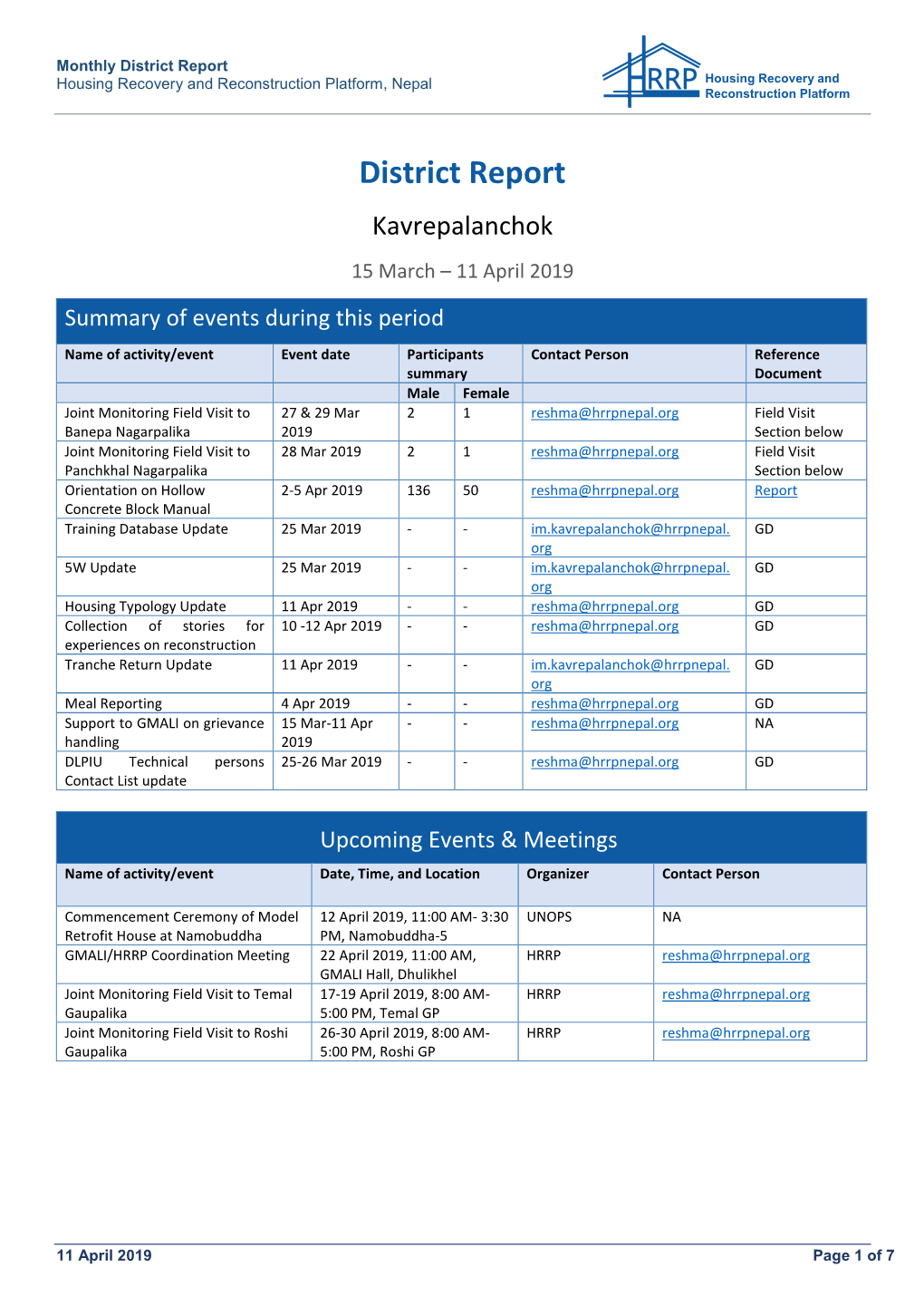 District Report Housing Recovery and Reconstruction Platform, Nepal Housing Recovery and Reconstruction Platform