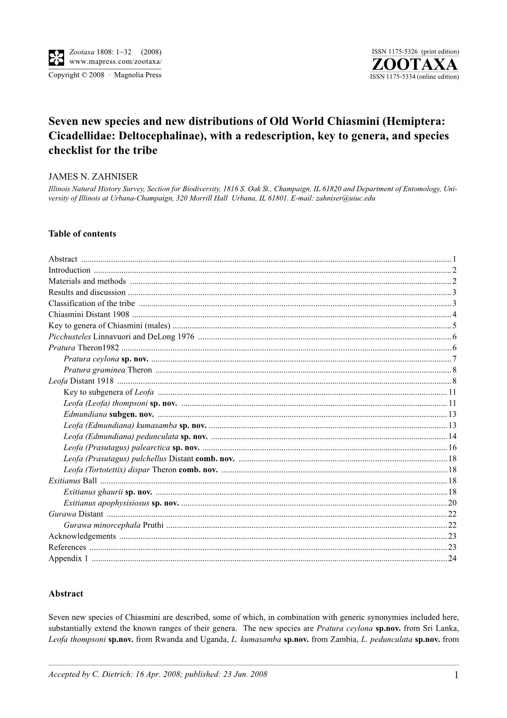 Zootaxa, Seven New Species and New Distributions of Old World Chiasmini