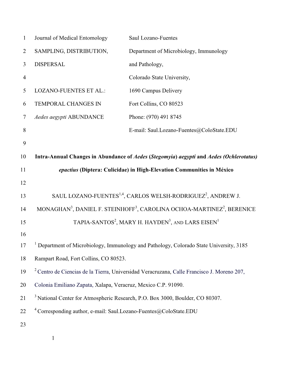 1 Journal of Medical Entomology Saul Lozano-Fuentes 1 SAMPLING