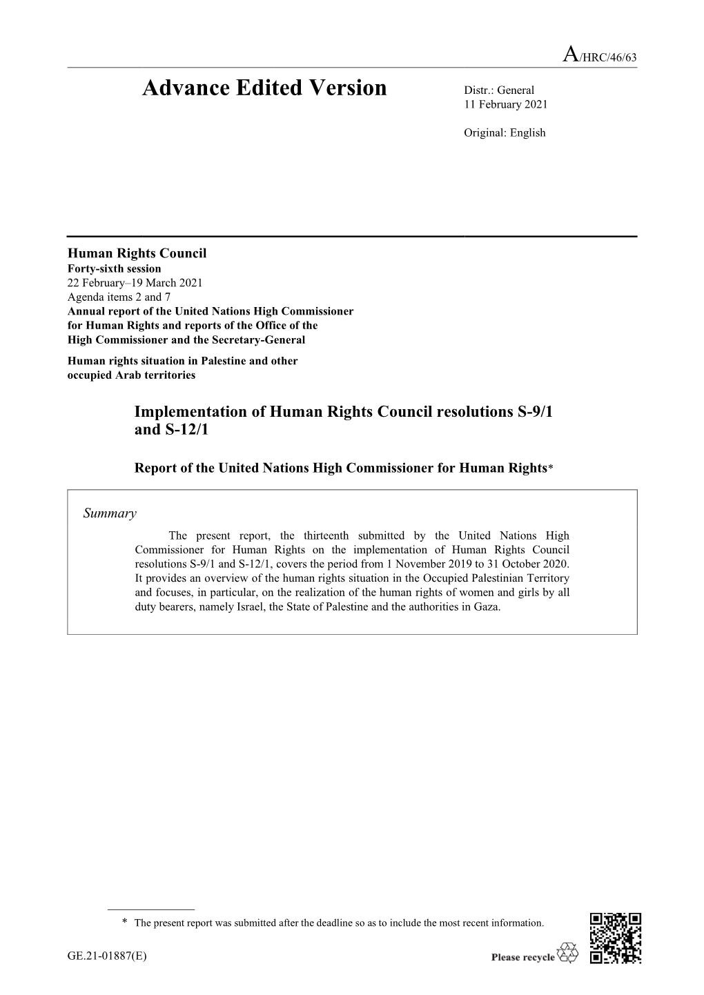 Report of the United Nations High Commissioner for Human