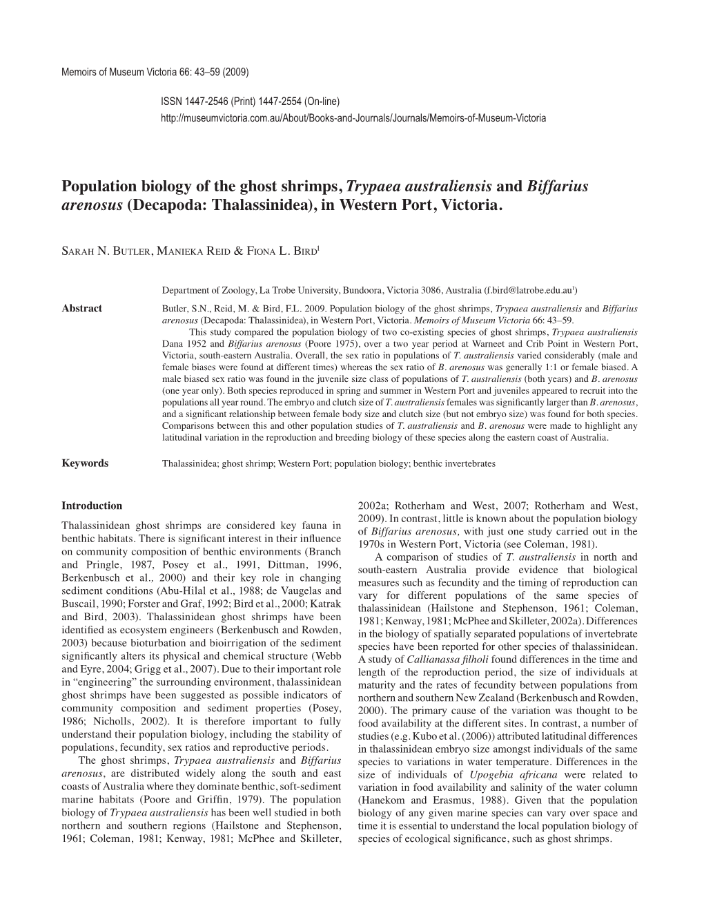 Population Biology of the Ghost Shrimps, Trypaea Australiensis and Biffarius Arenosus (Decapoda: Thalassinidea), in Western Port, Victoria