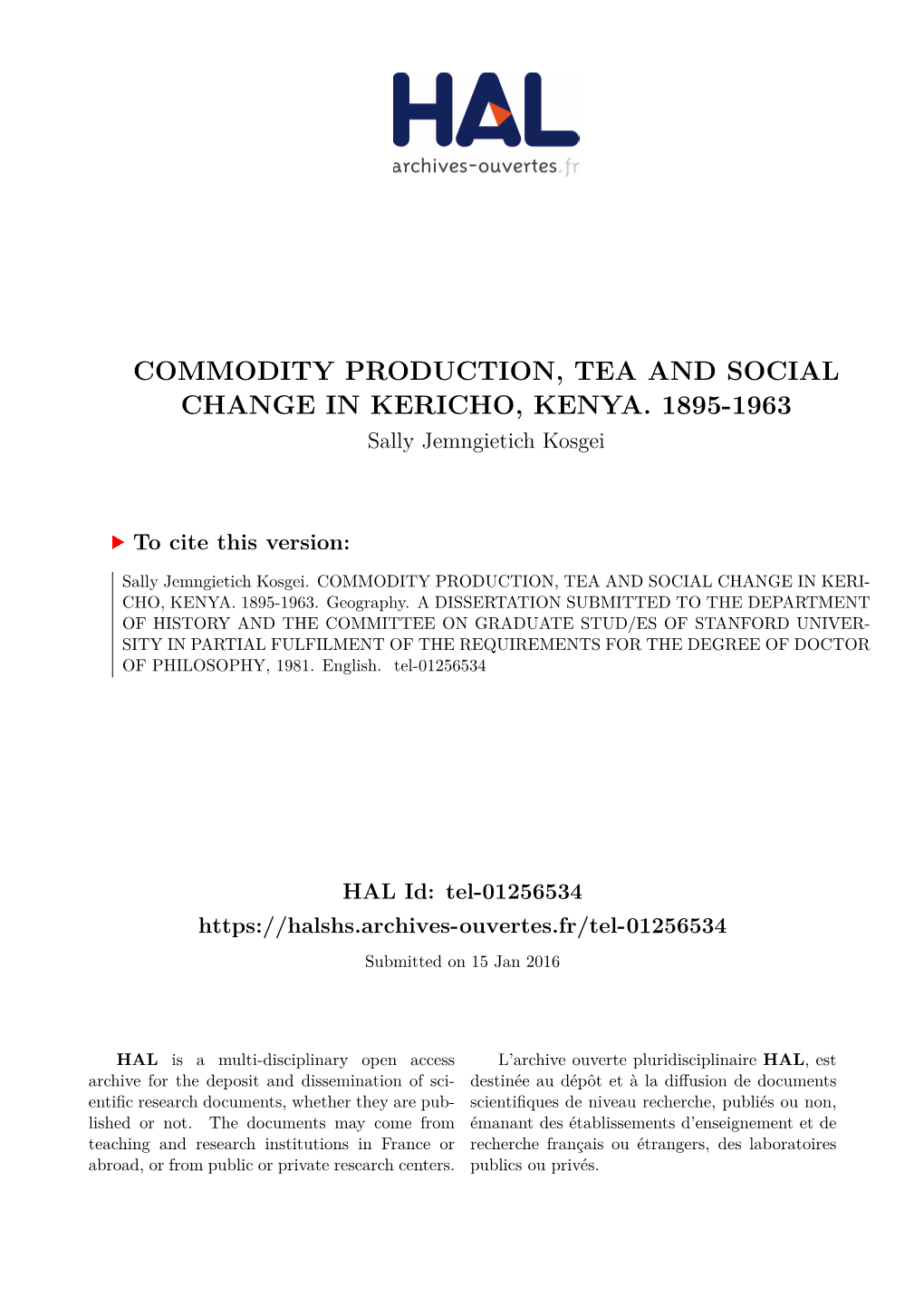Commodity Production, Tea and Social Change in Kericho, Kenya