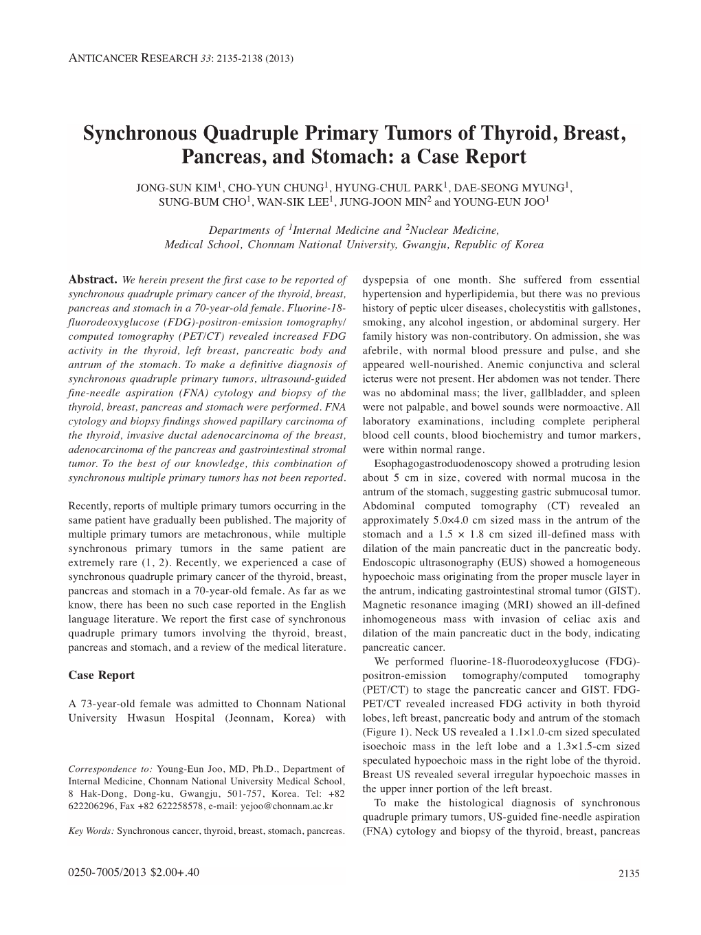 Synchronous Quadruple Primary Tumors of Thyroid, Breast, Pancreas, and Stomach: a Case Report