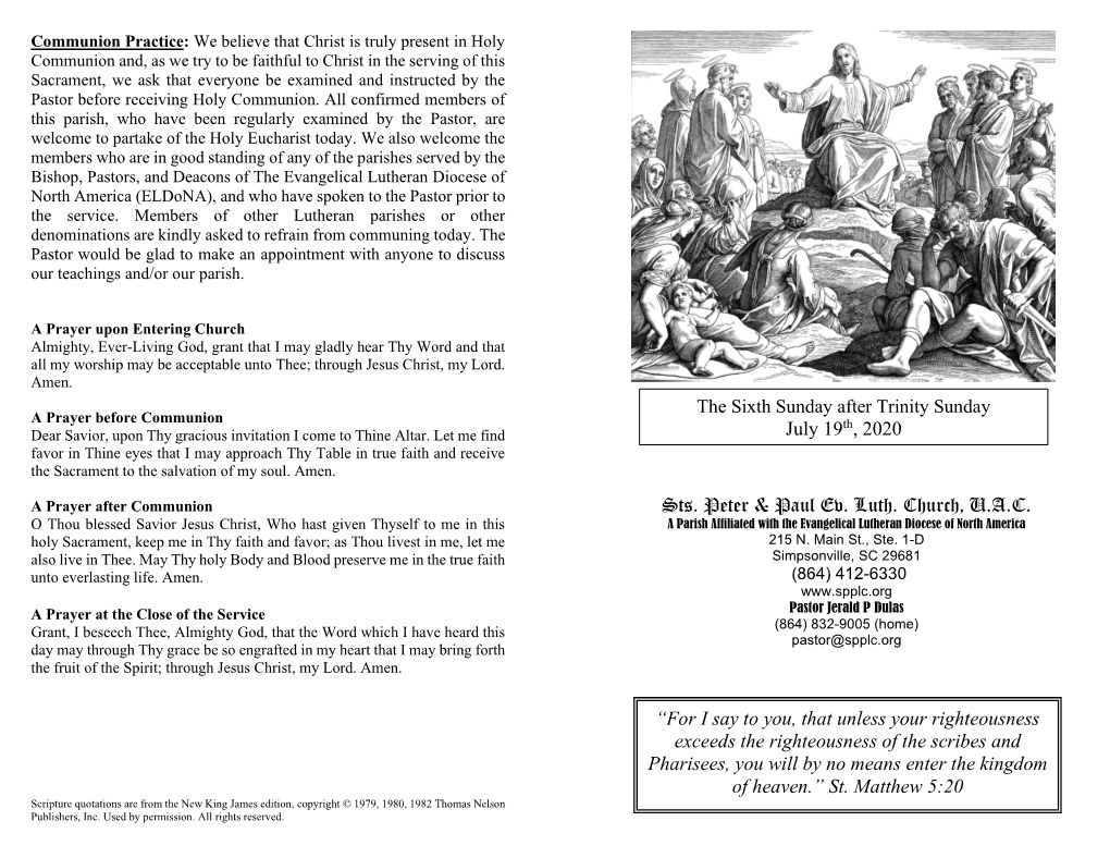 The Sixth Sunday After Trinity Sunday a Prayer Before Communion Th Dear Savior, Upon Thy Gracious Invitation I Come to Thine Altar