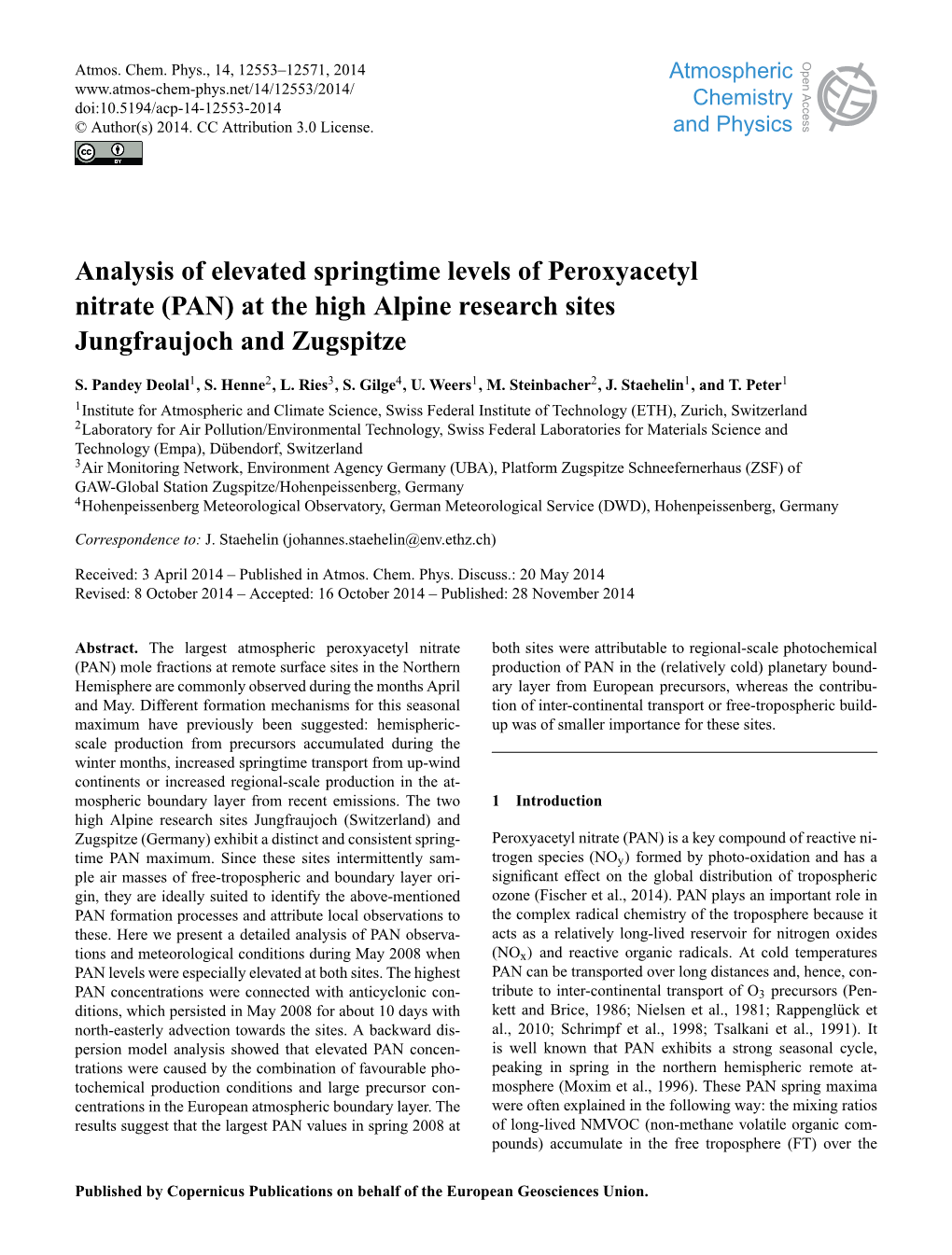 Analysis of Elevated Springtime Levels of Peroxyacetyl Nitrate (PAN) at the High Alpine Research Sites Jungfraujoch and Zugspitze