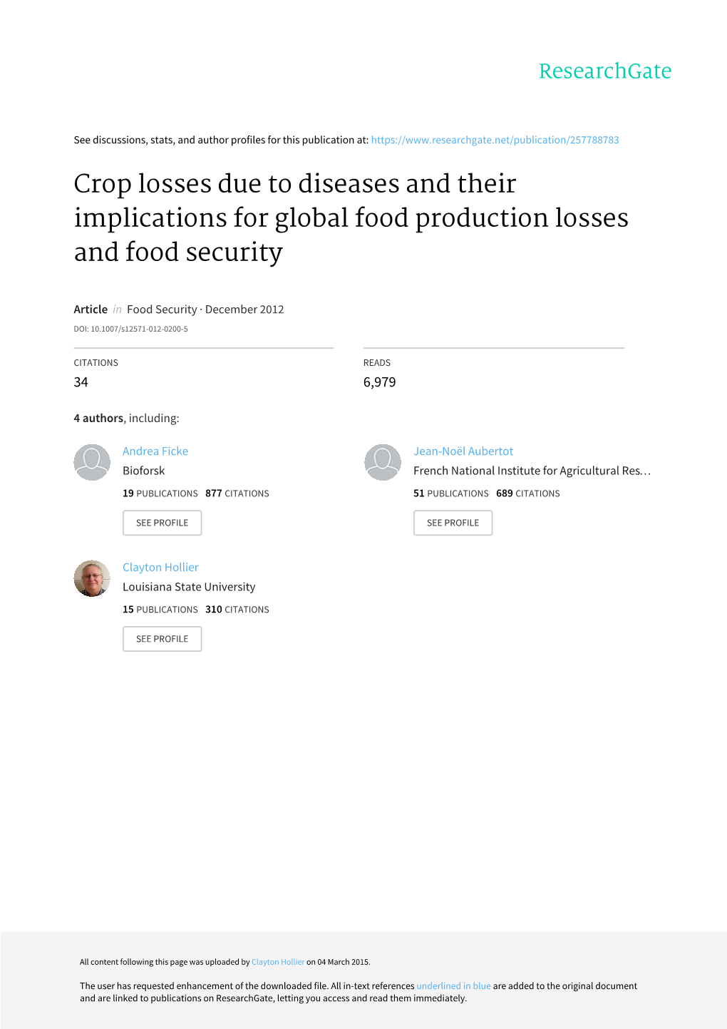 Crop Losses Due to Diseases and Their Implications for Global Food Production Losses and Food Security