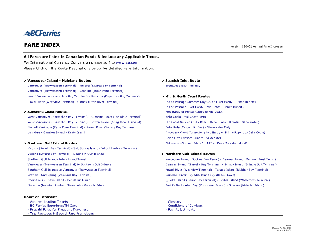 FARE INDEX Version #16-01 Annual Fare Increase