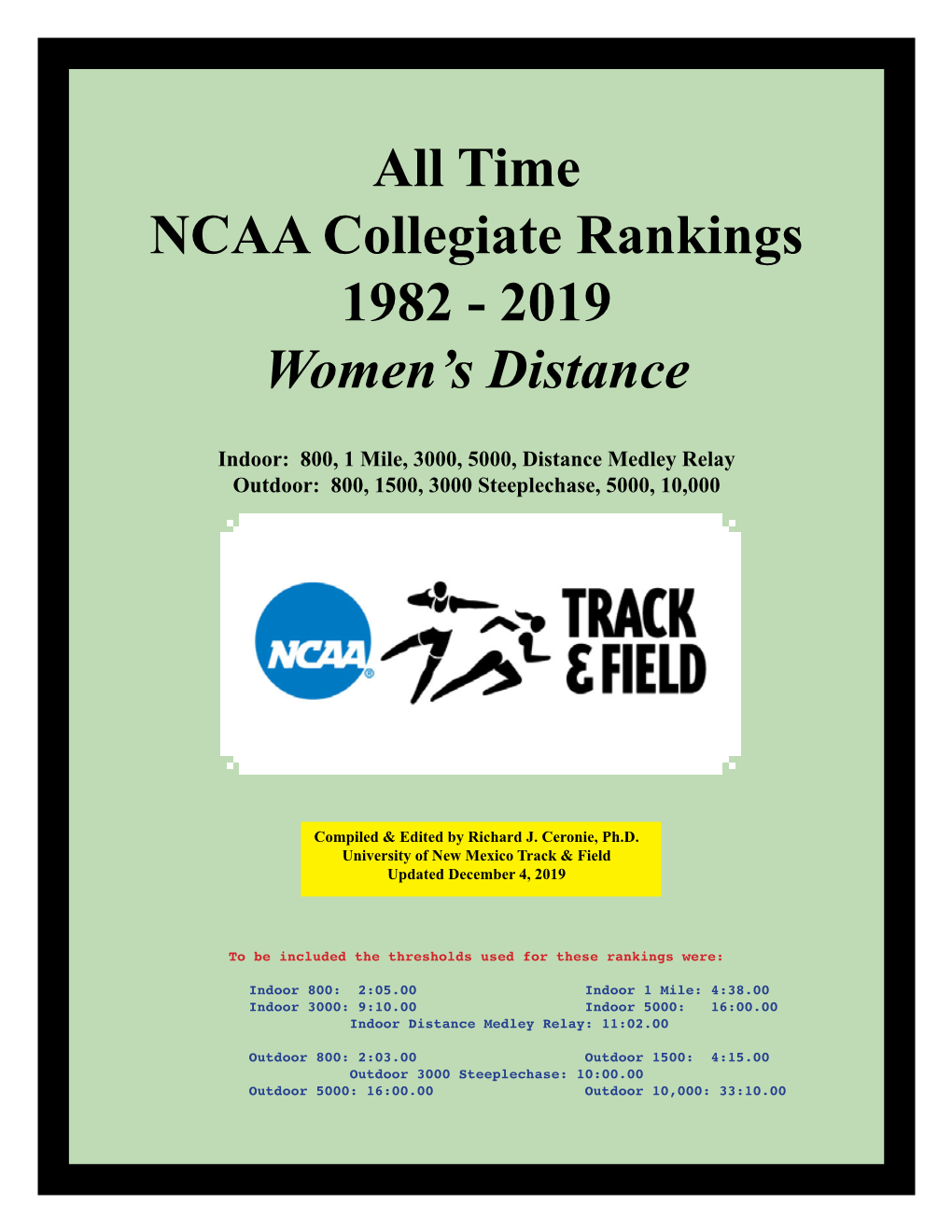 Time NCAA Collegiate Rankings 1982 - 2019 Women’S Distance