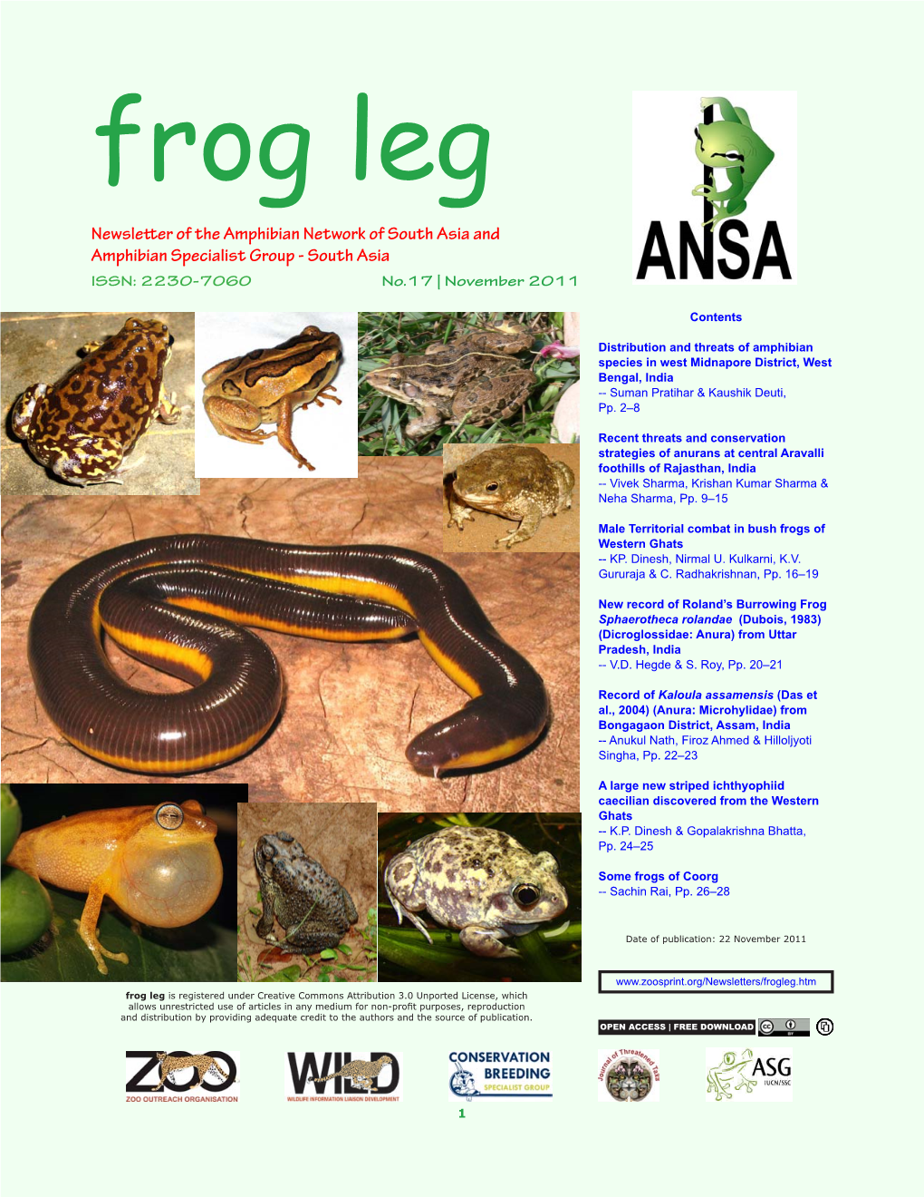 Newsletter of the Amphibian Network of South Asia and Amphibian Specialist Group - South Asia ISSN: 2230-7060 No.17 | November 2011