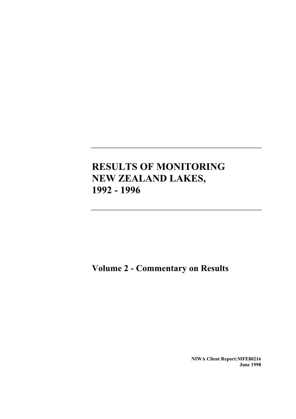 Results of Monitoring New Zealand Lakes, 1992 - 1996