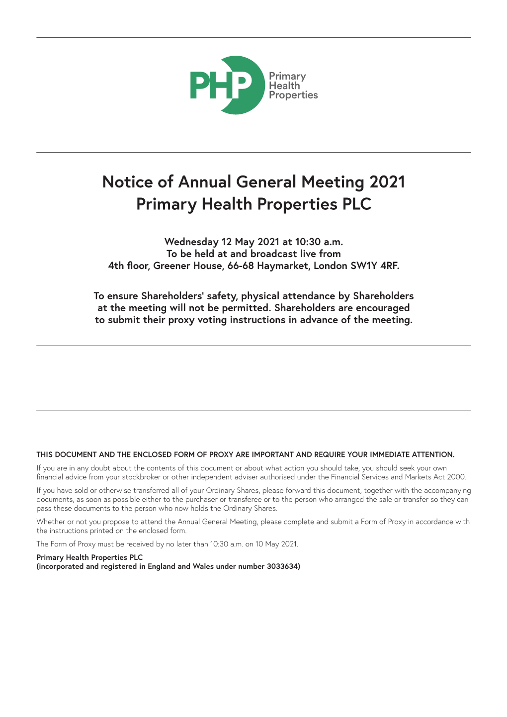 Notice of Annual General Meeting 2021 Primary Health Properties PLC