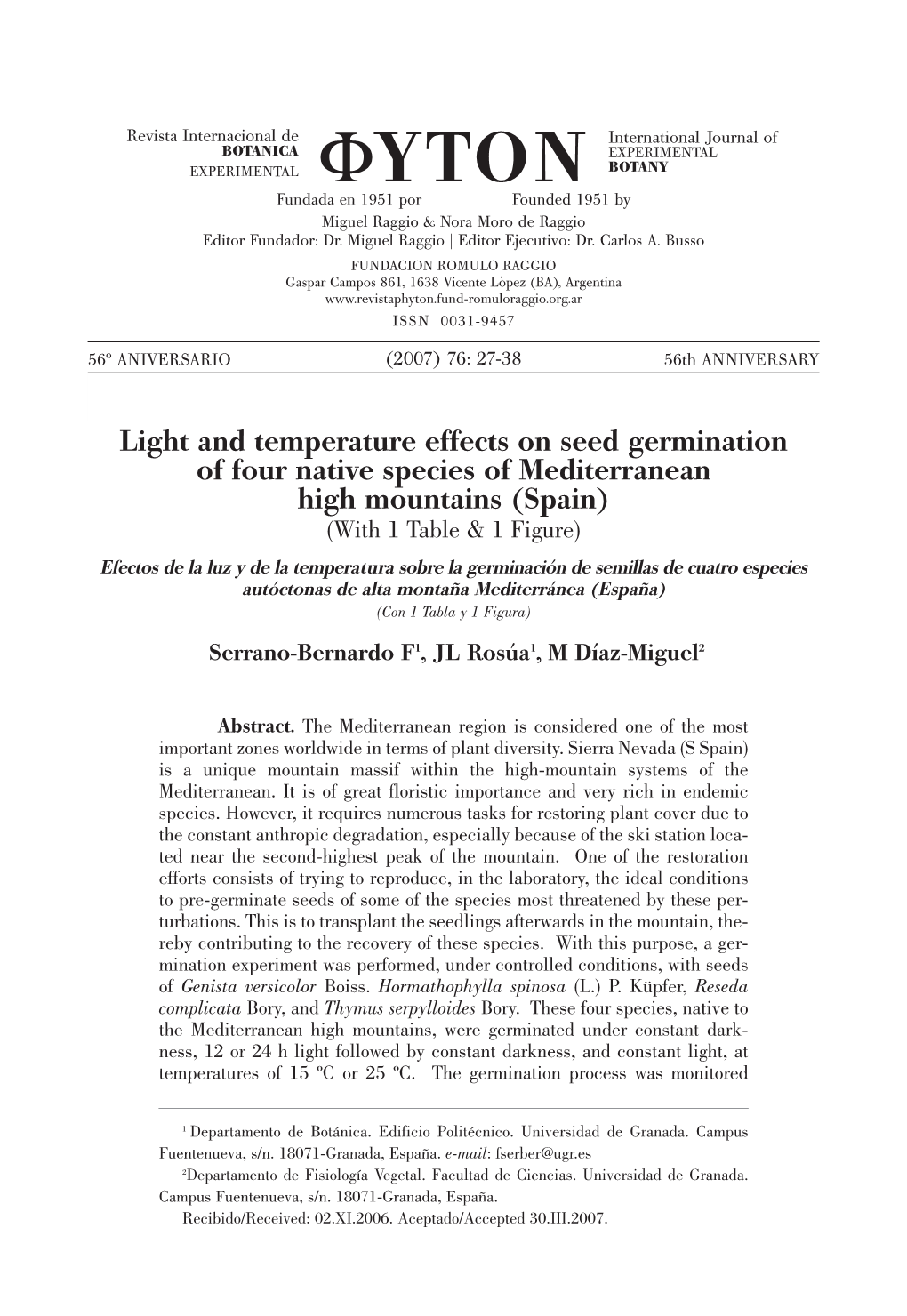 Light and Temperature Effects on Seed Germination of Four Native Species