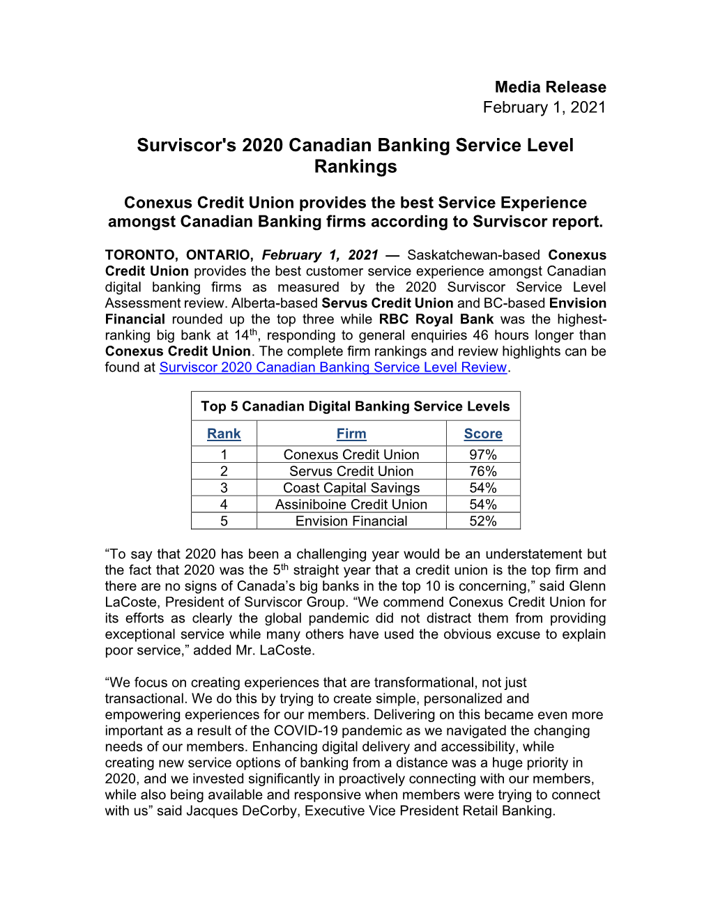 Surviscor's 2020 Canadian Banking Service Level Rankings