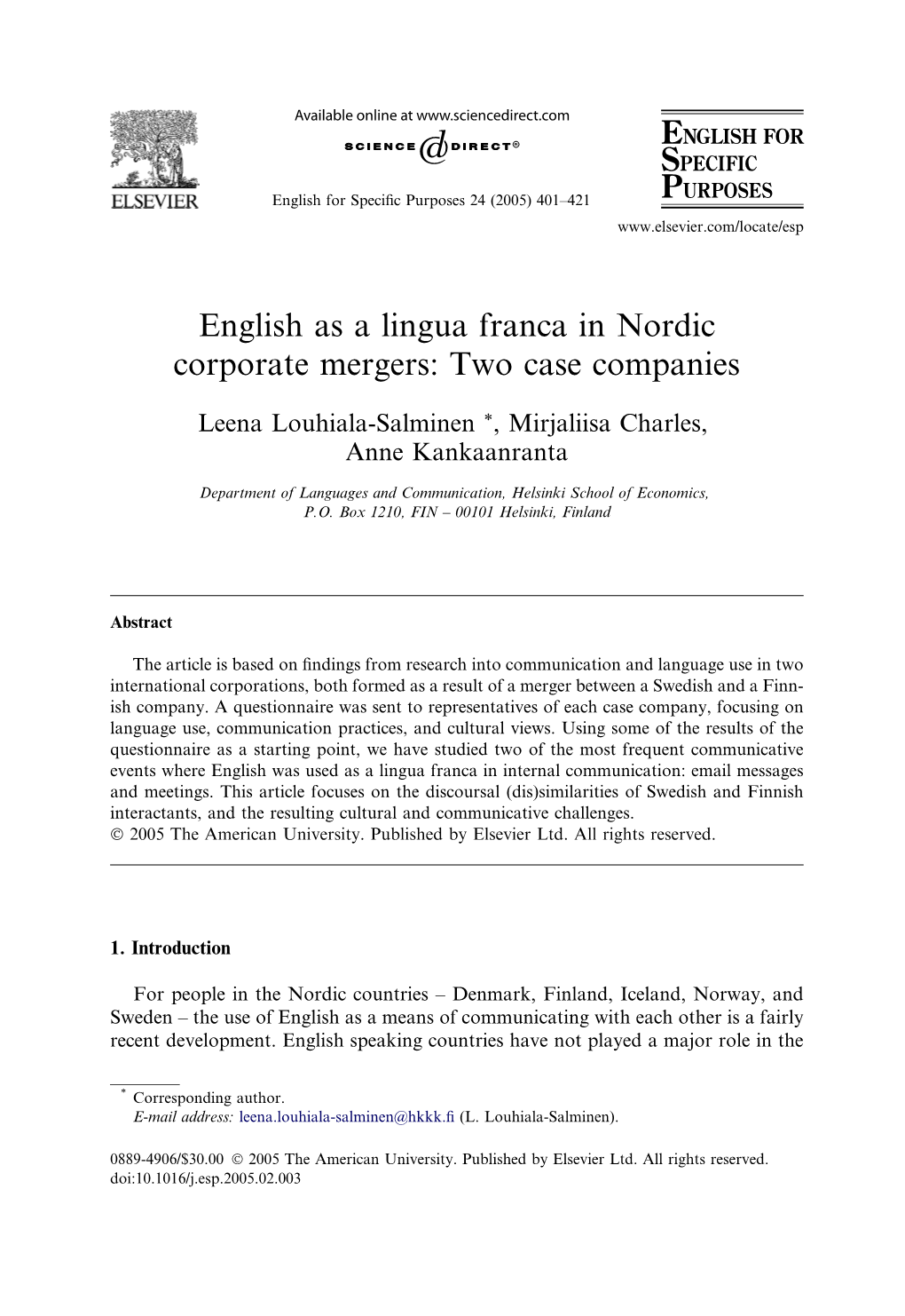 English As a Lingua Franca in Nordic Corporate Mergers: Two Case Companies