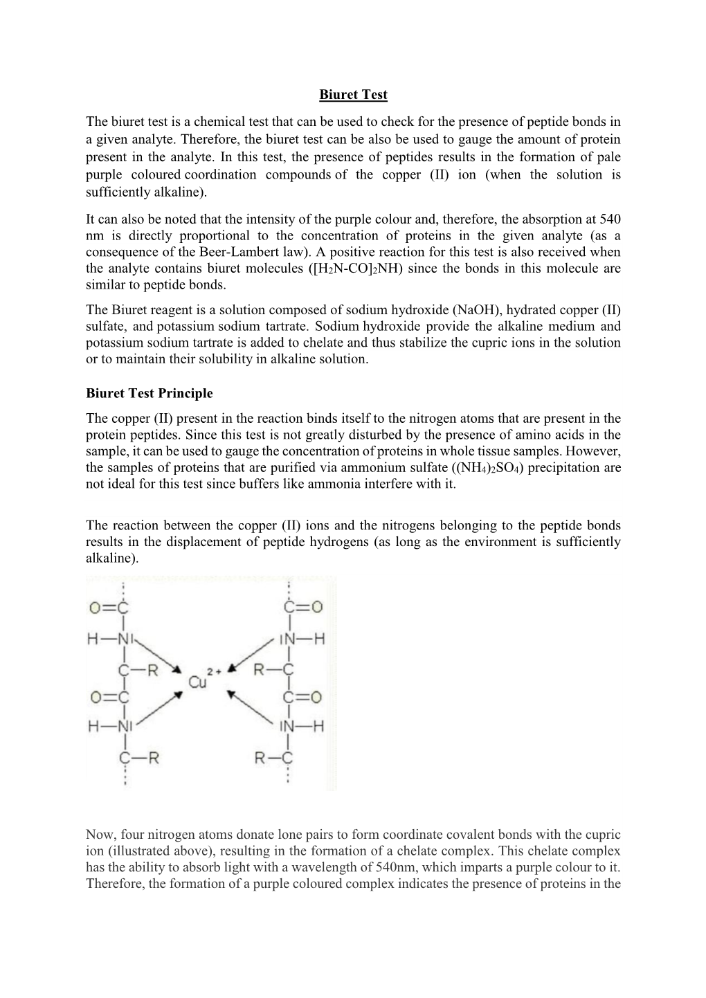 Biuret Test the Biuret Test Is a Chemical Test That Can Be Used to Check for the Presence of Peptide Bonds in a Given Analyte