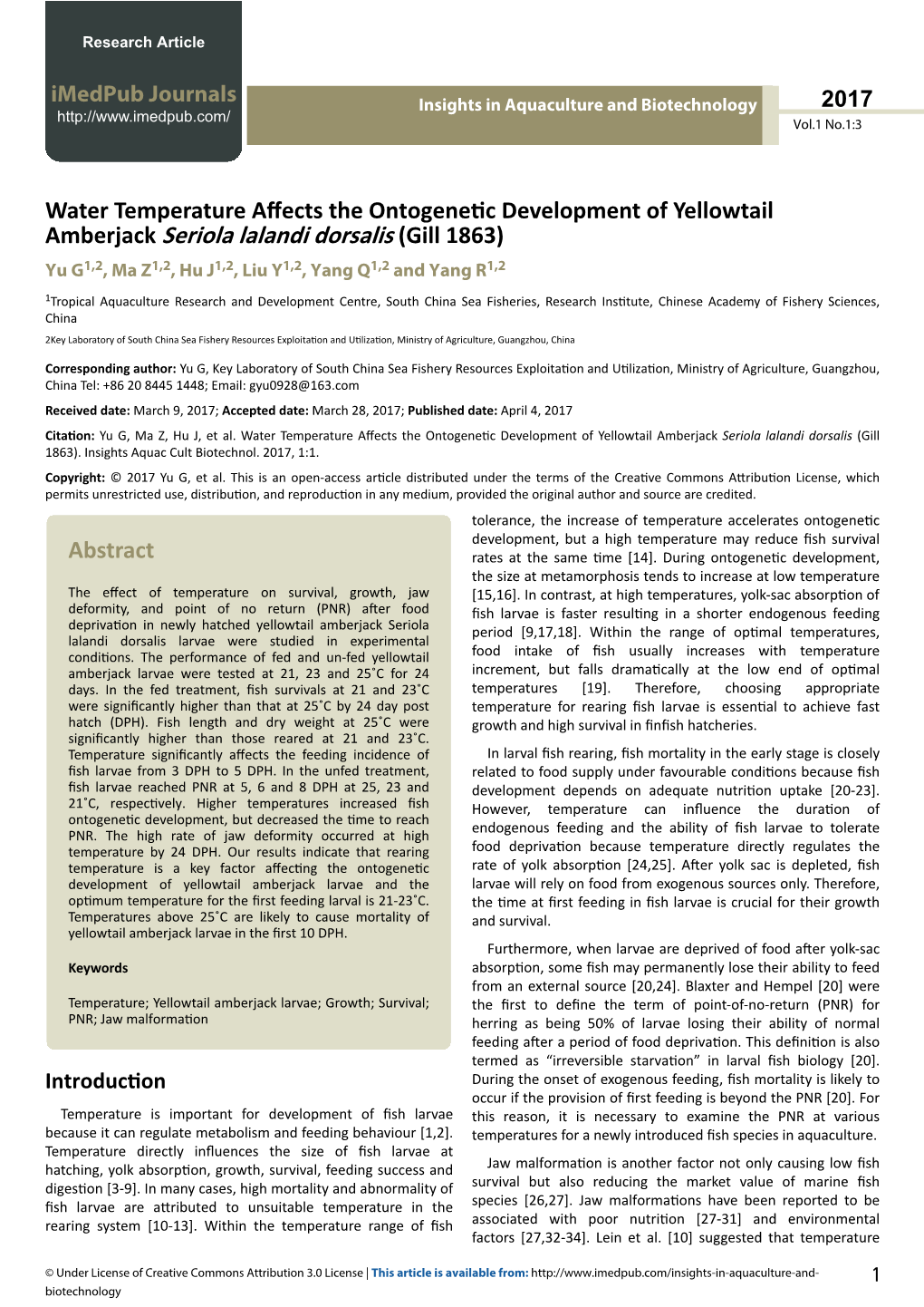 Water Temperature Affects the Ontogenetic Development Of