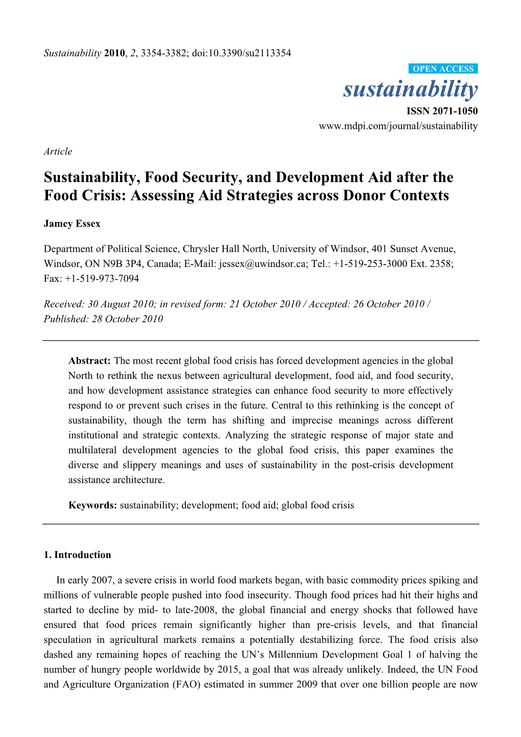 Sustainability, Food Security, and Development Aid After the Food Crisis: Assessing Aid Strategies Across Donor Contexts