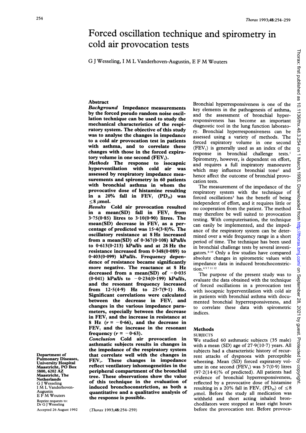 Forced Oscillation Technique and Spirometry in Provocation Tests Cold Air Thorax: First Published As 10.1136/Thx.48.3.254 on 1 March 1993